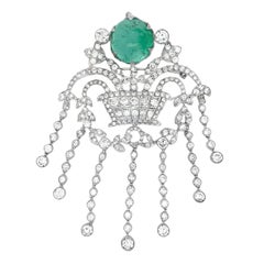 Cabochon Emerald and Diamond Dangle Brooch