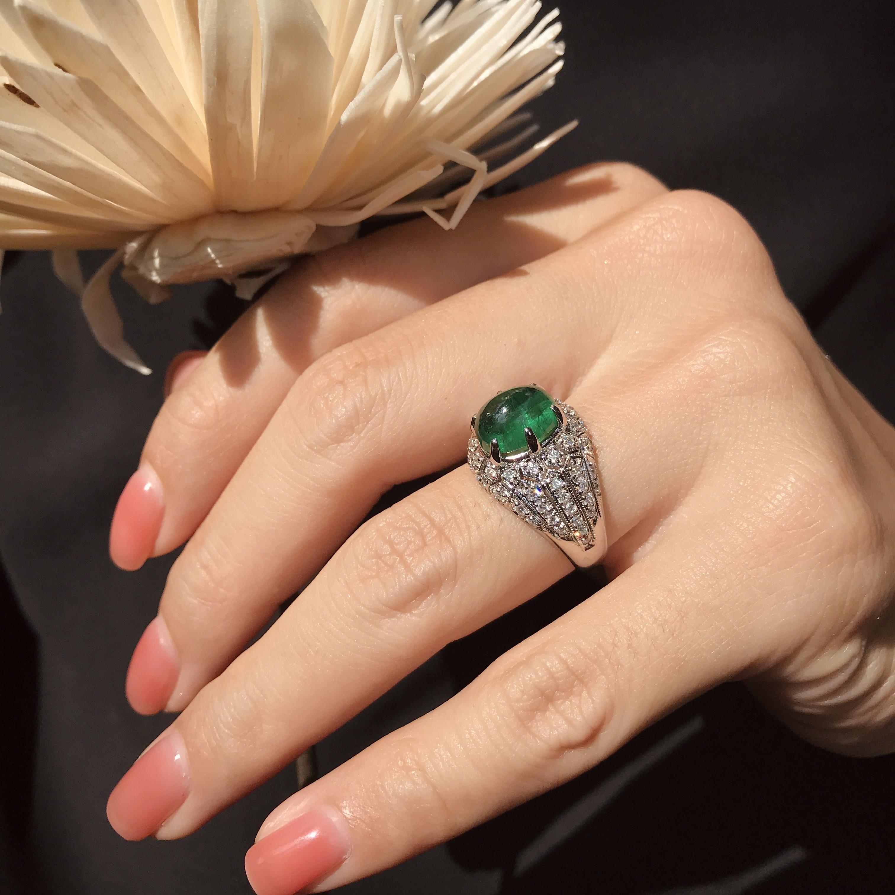 Cabochon Emerald and Diamond Dome Ring in 14K White Gold 2