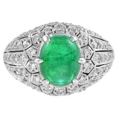 Cabochon Emerald and Diamond Dome Ring in 14K White Gold