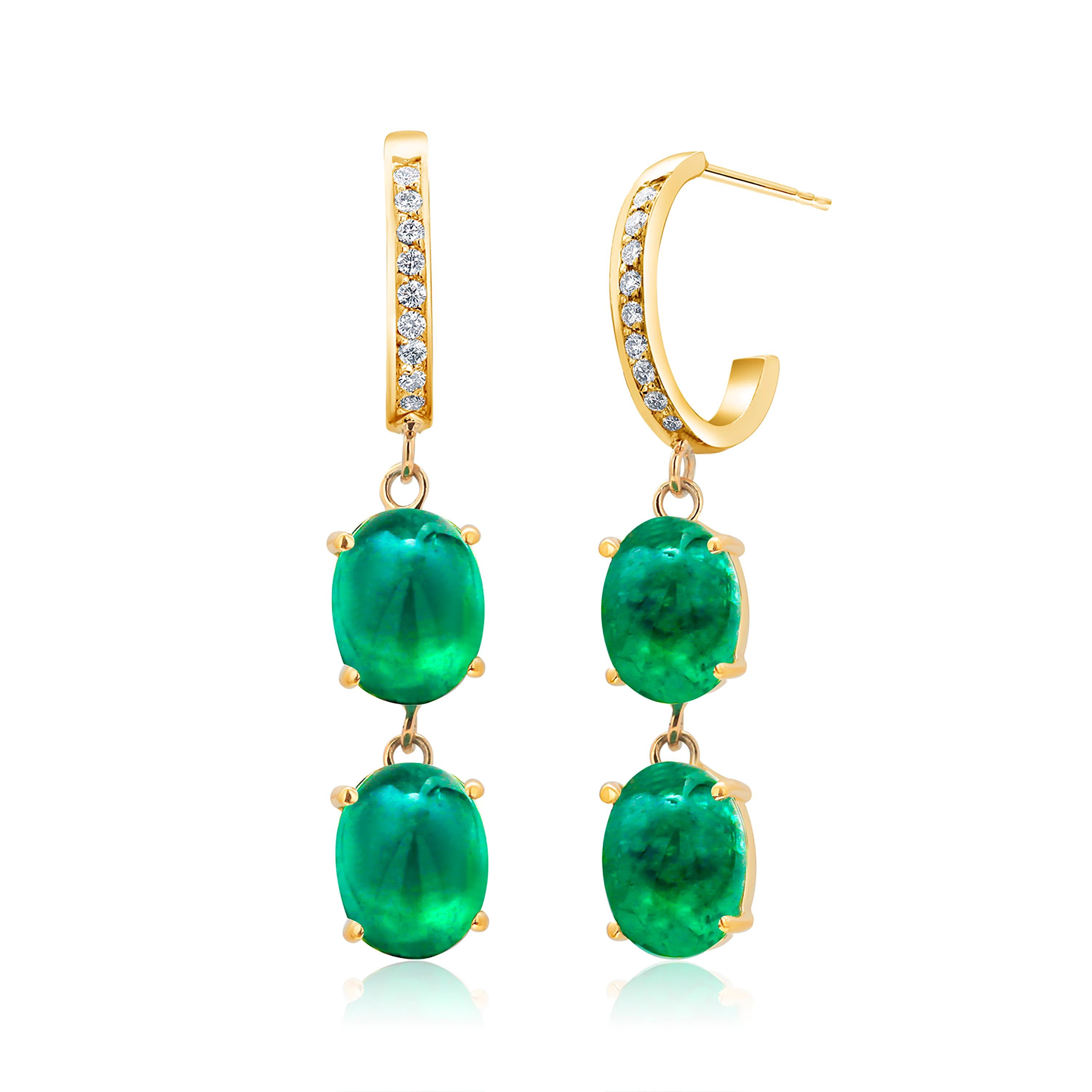 Oval Cut Cabochon Emerald and Diamond Double Tier Yellow Gold Hoop Earrings