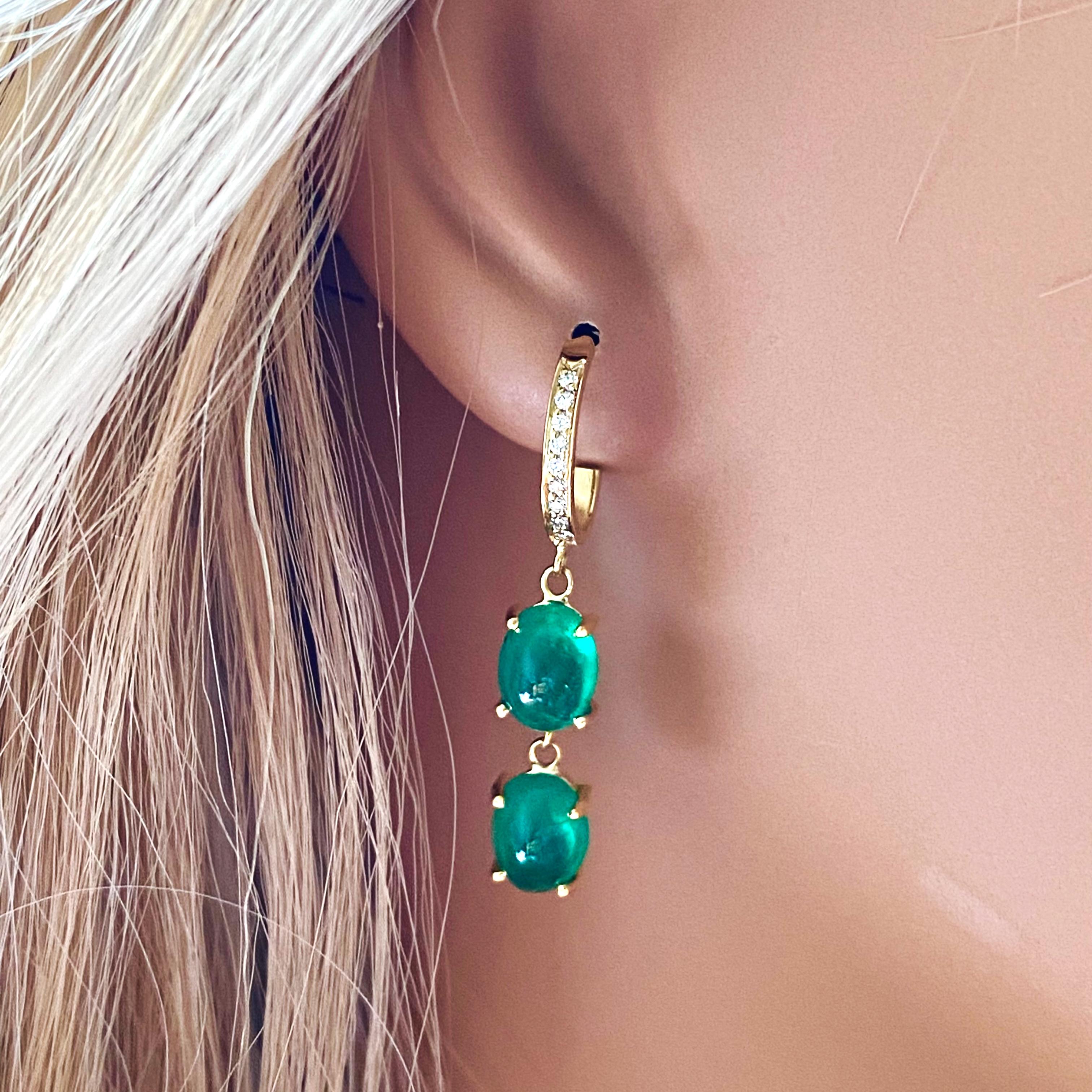 Contemporary Cabochon Emerald and Diamond Double Tier Yellow Gold Hoop Earrings