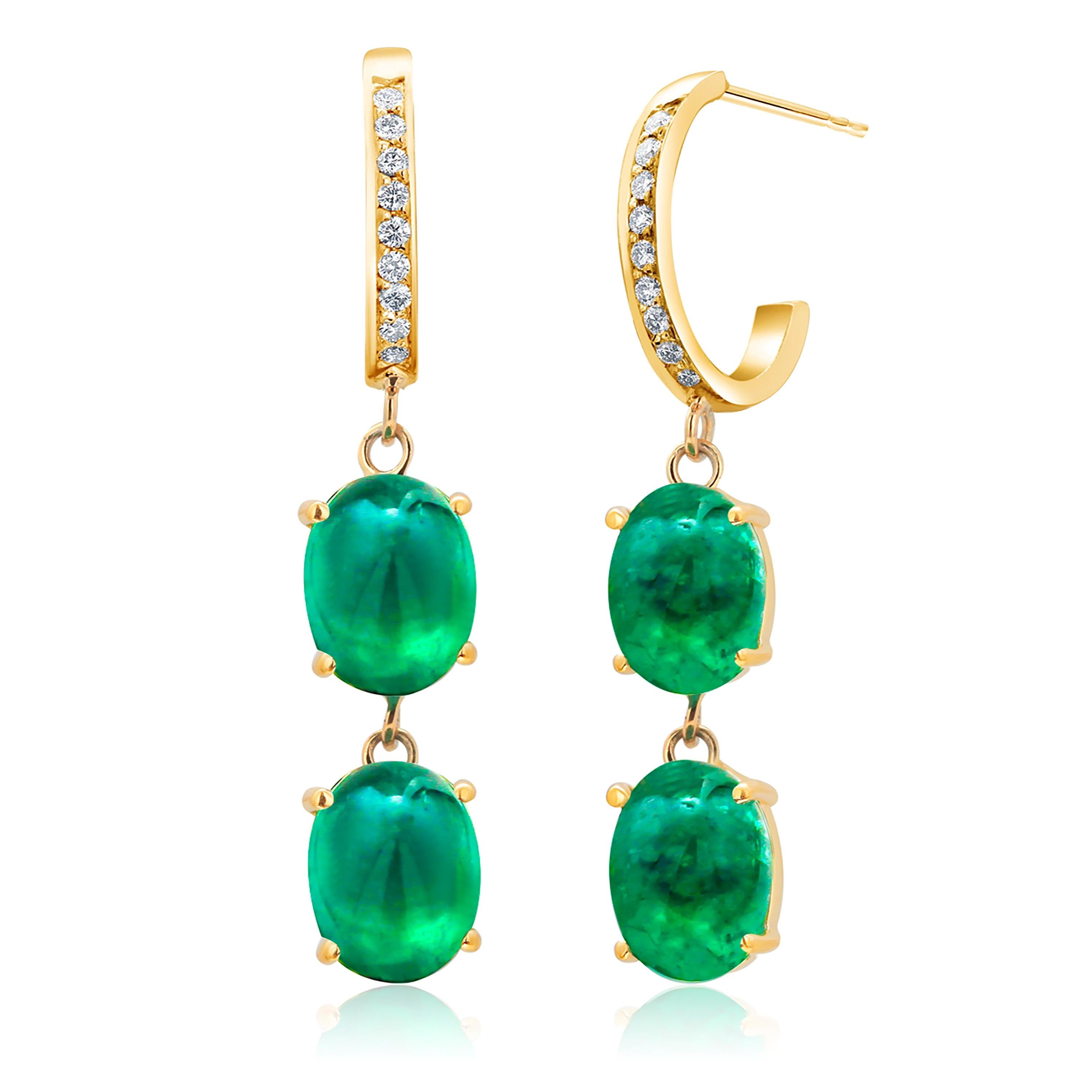 Women's or Men's Cabochon Emerald and Diamond Double Tier Yellow Gold Hoop Earrings