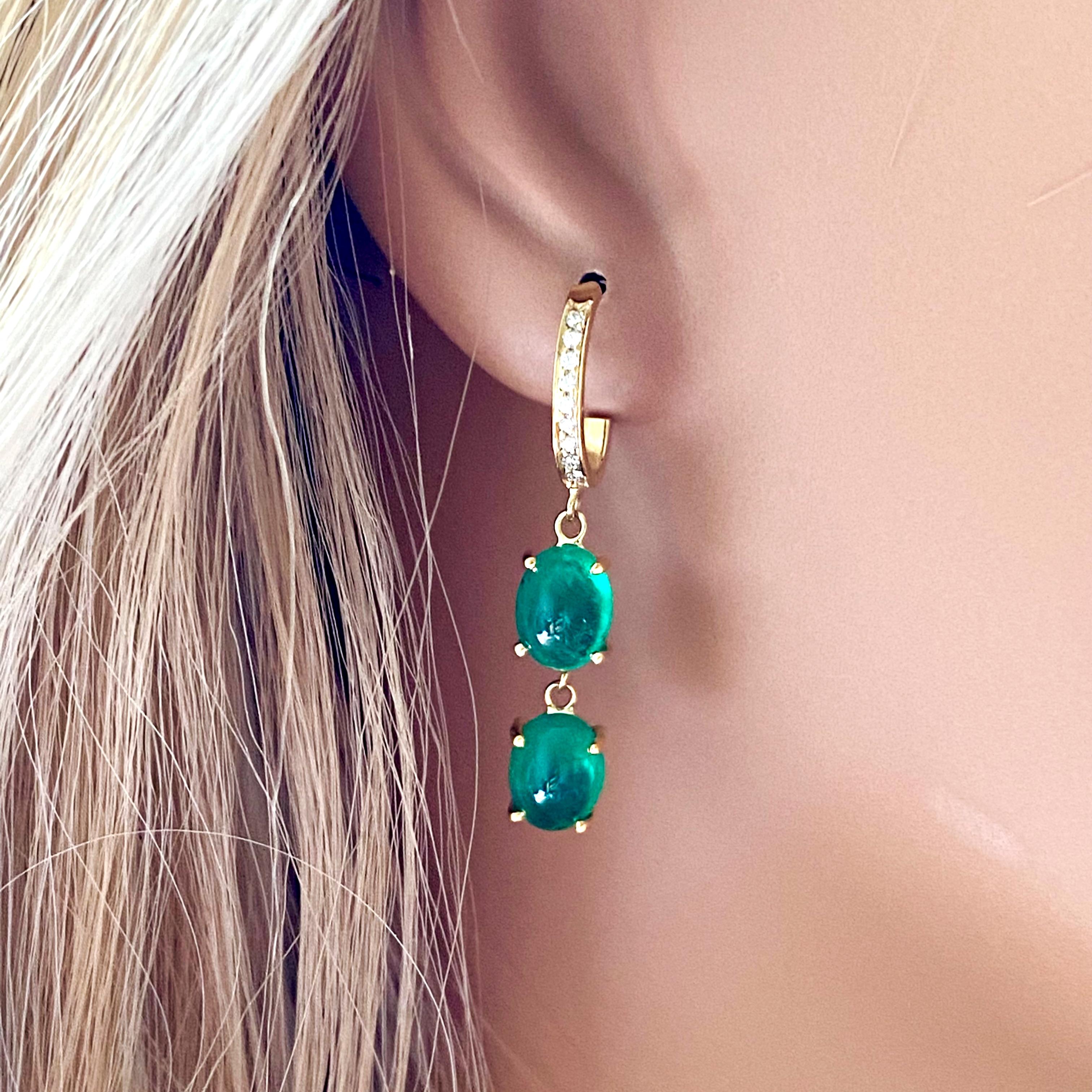 Cabochon Emerald and Diamond Double Tier Yellow Gold Hoop Earrings In New Condition In New York, NY