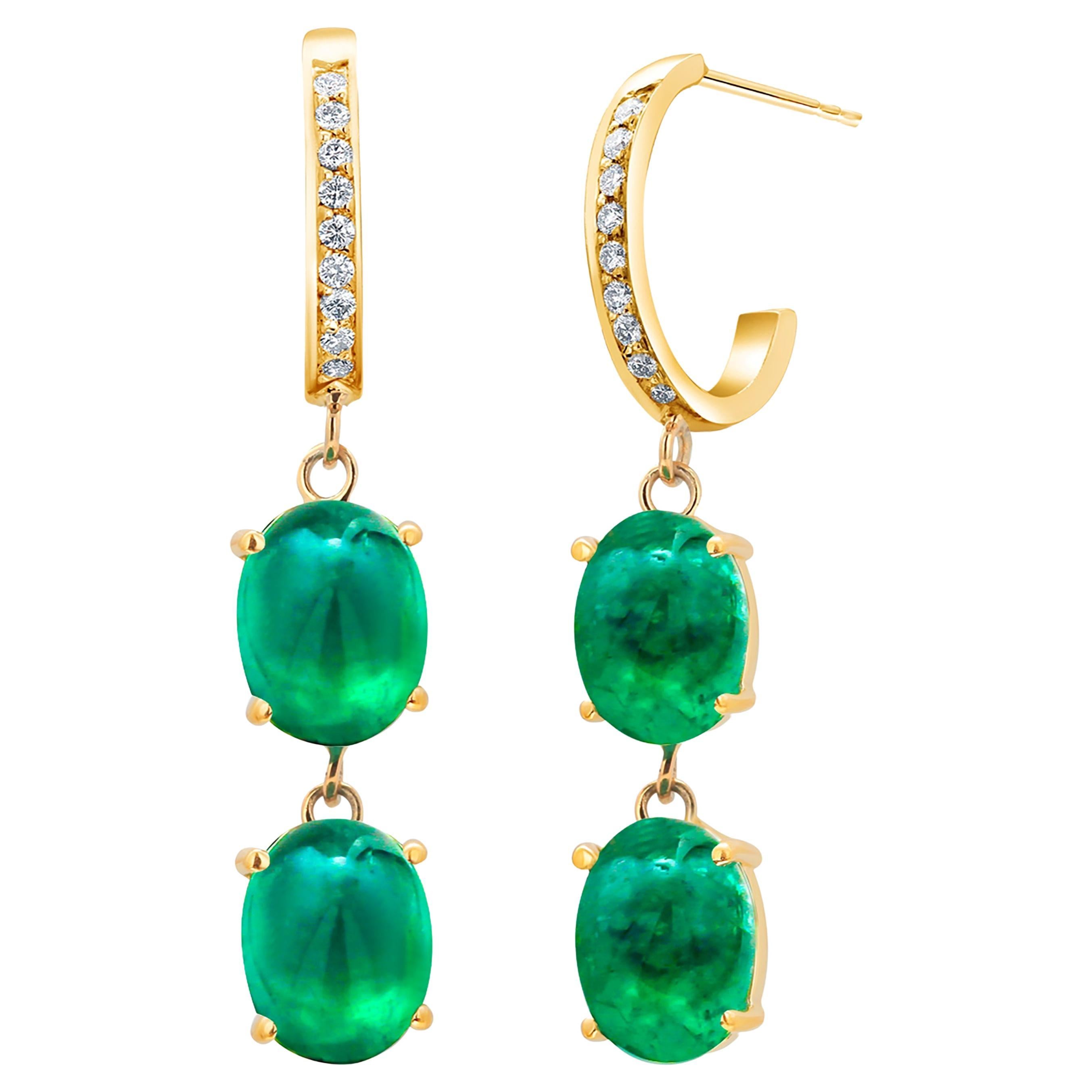 Cabochon Emerald and Diamond Double Tier Yellow Gold Hoop Earrings