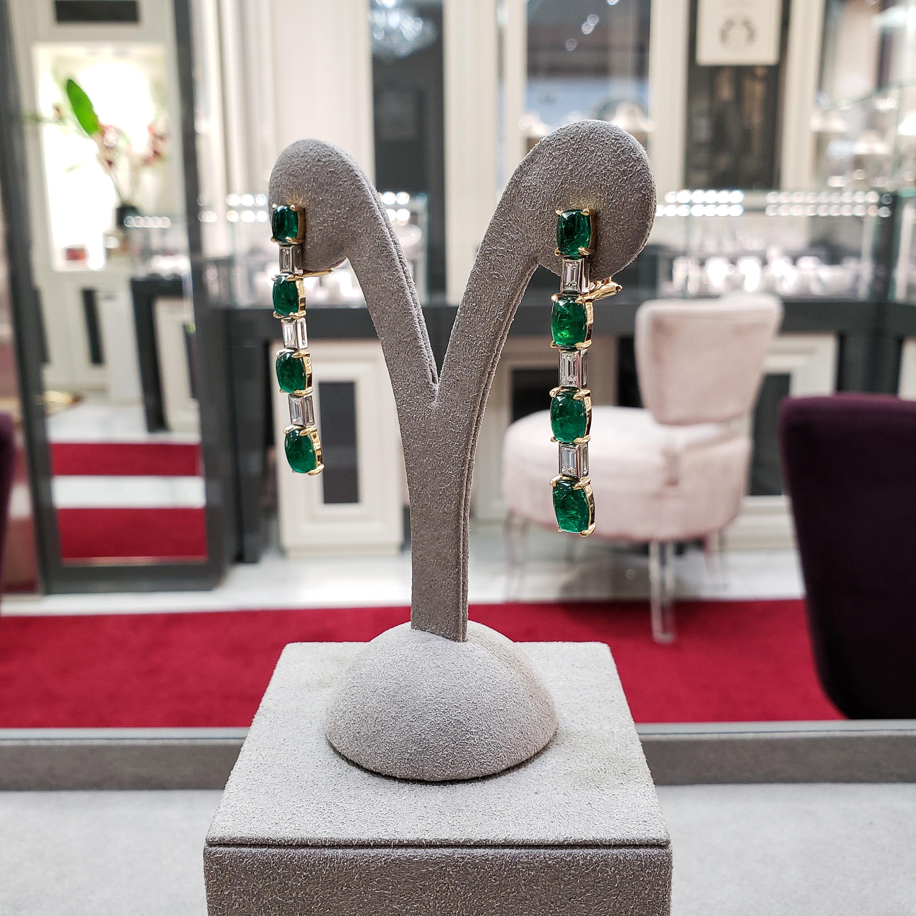 Roman Malakov 10.26 Carats Mixed Cut Cabochon Emerald and Diamond Drop Earrings For Sale 3