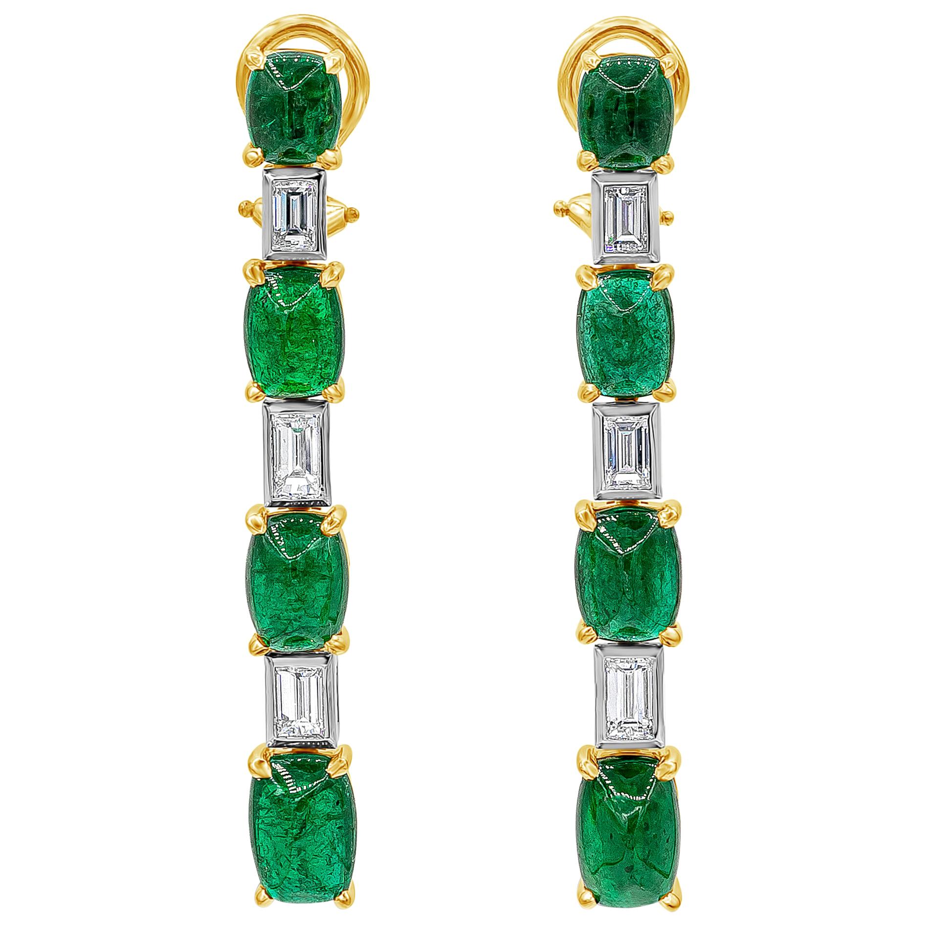 Roman Malakov 10.26 Carats Mixed Cut Cabochon Emerald and Diamond Drop Earrings For Sale