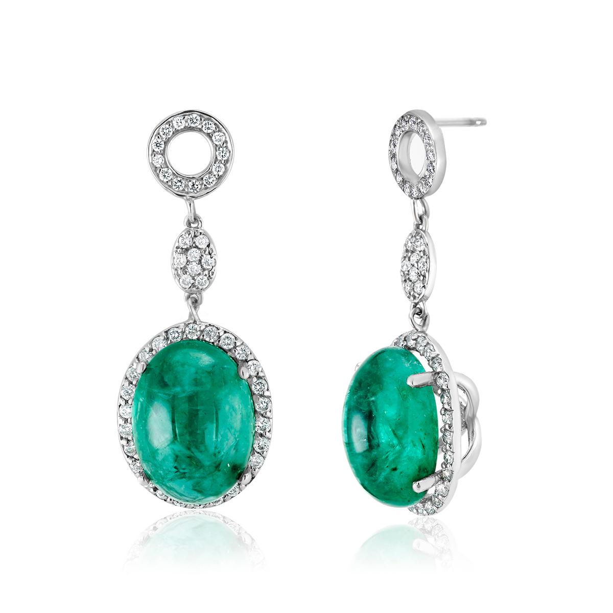 Contemporary Cabochon Emerald and Diamond Drop White Gold Earrings Weighing 14.21 Carat