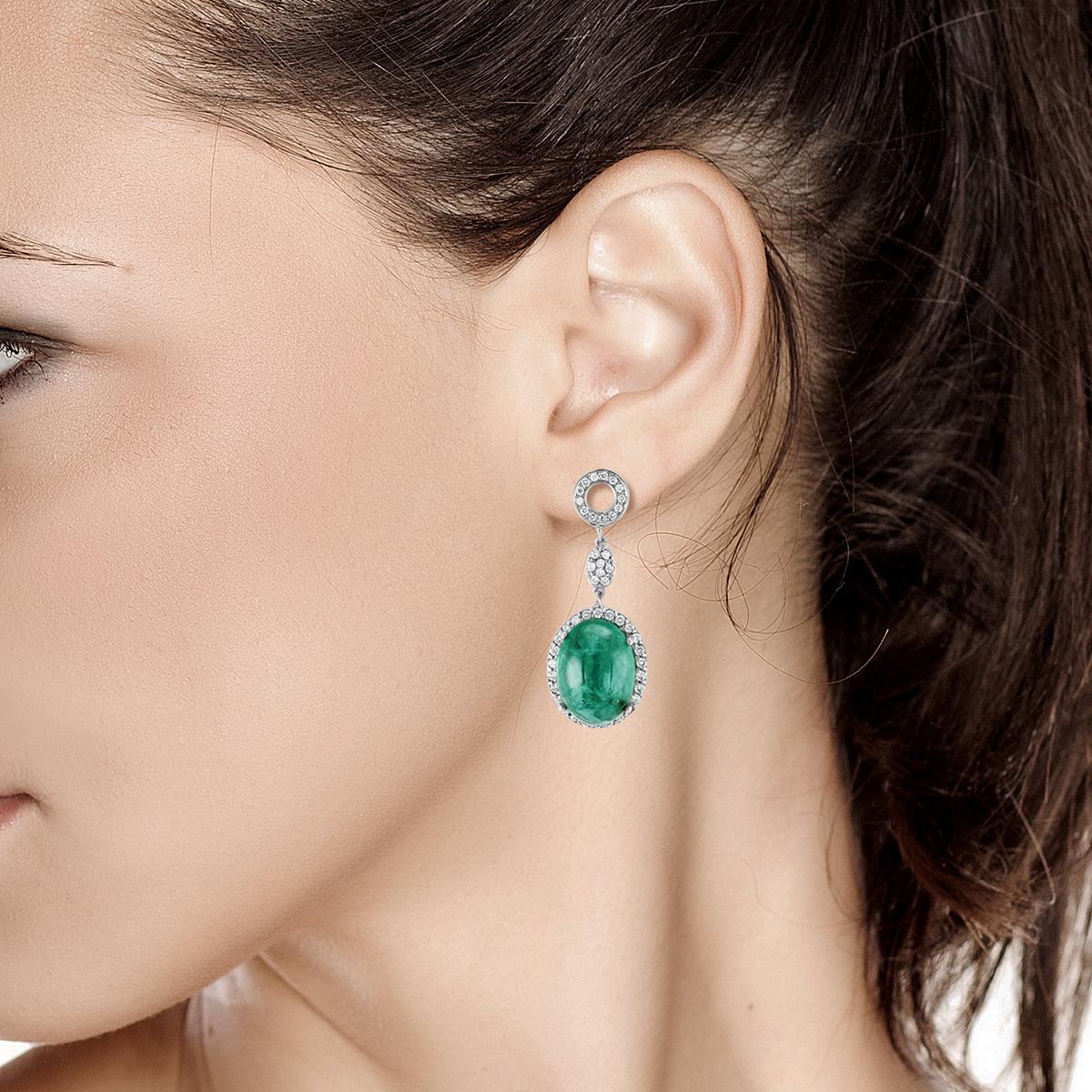 Women's Cabochon Emerald and Diamond Drop White Gold Earrings Weighing 14.21 Carat