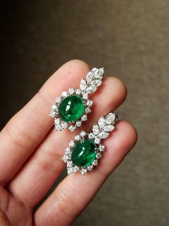 Cabochon Emerald and Diamond Earring and Ring Suite