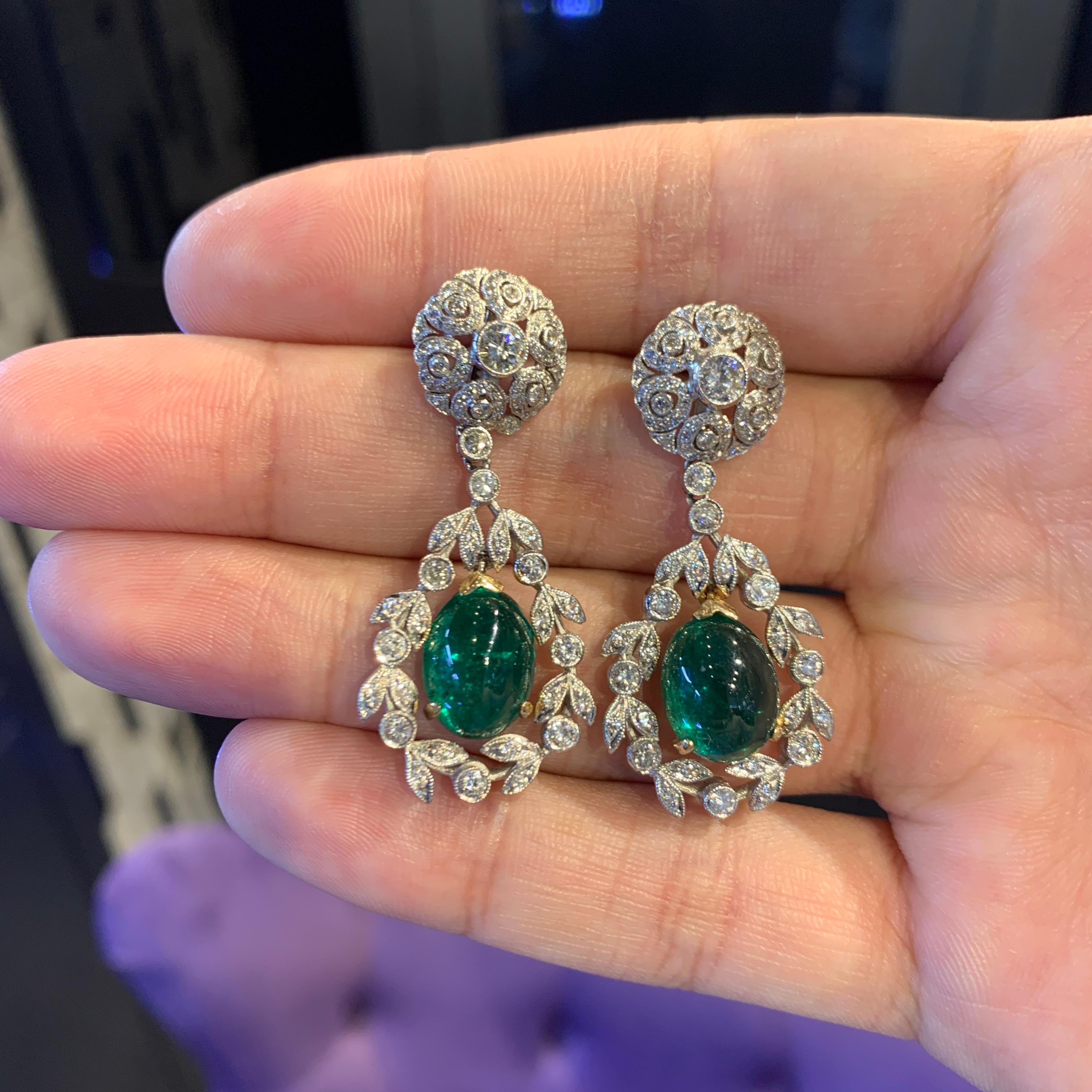 Women's Cabochon Emerald and Diamond Earrings For Sale