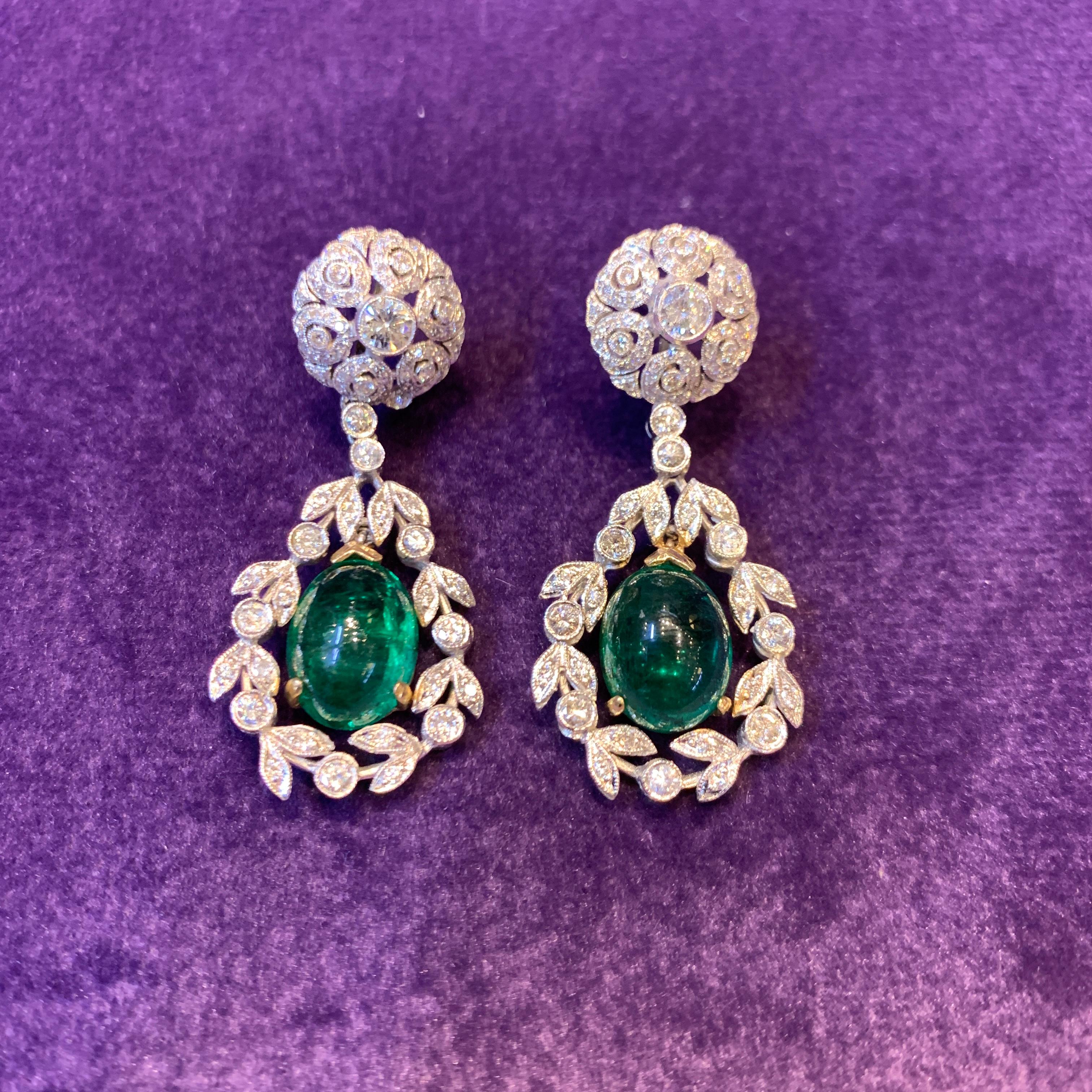Cabochon Emerald and Diamond Earrings For Sale 1