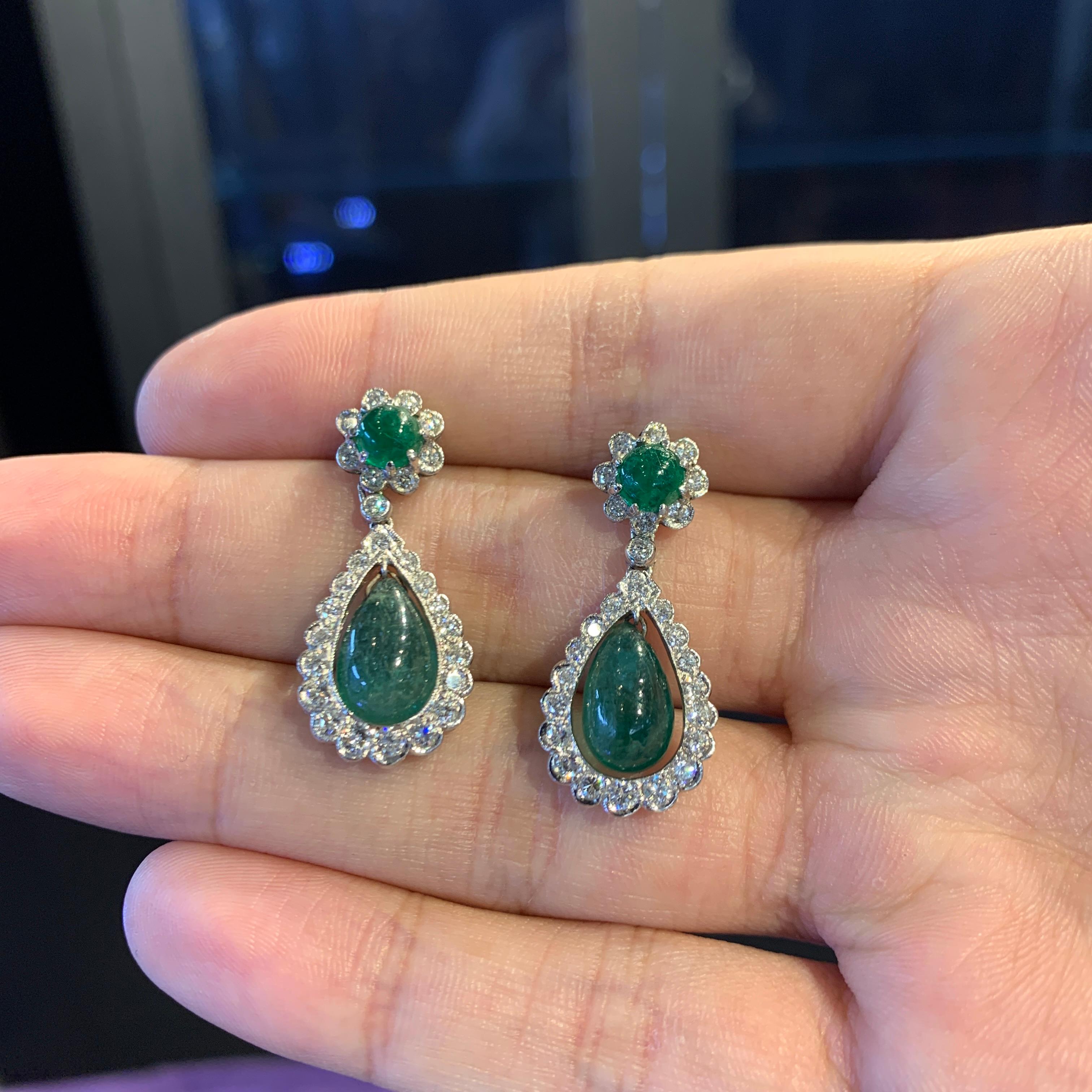 Cabochon Emerald and Diamond Earrings For Sale 1