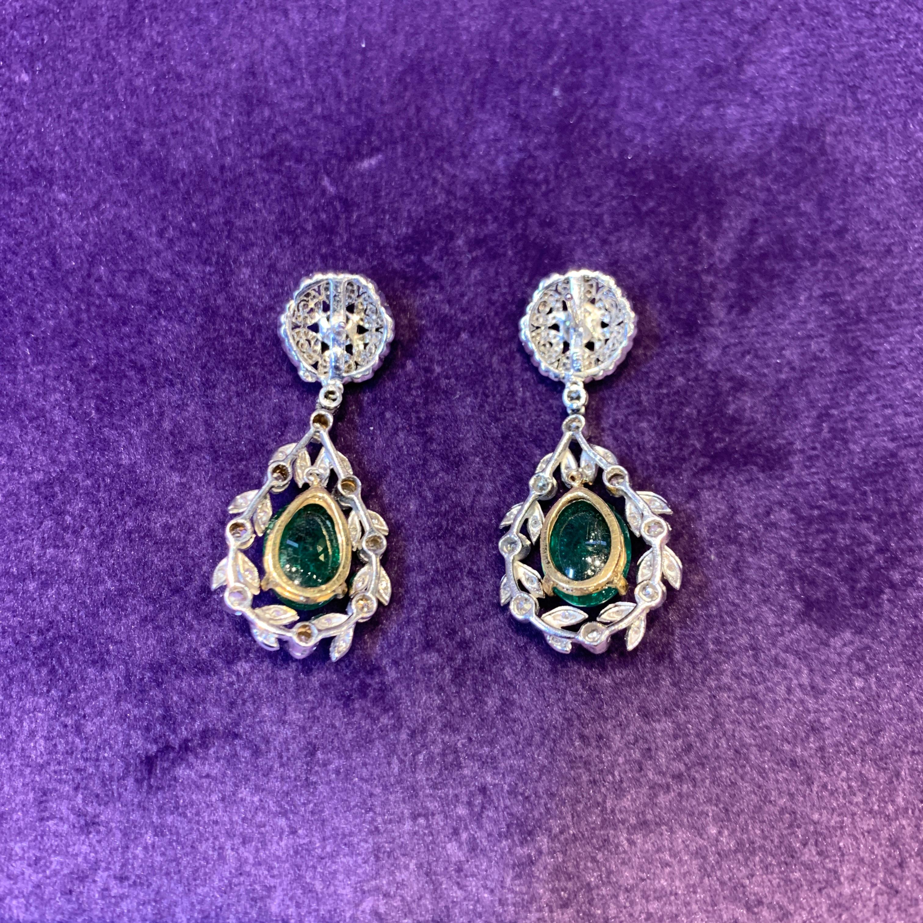 Cabochon Emerald and Diamond Earrings For Sale 2