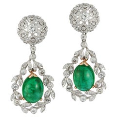 Retro Cabochon Emerald and Diamond Earrings