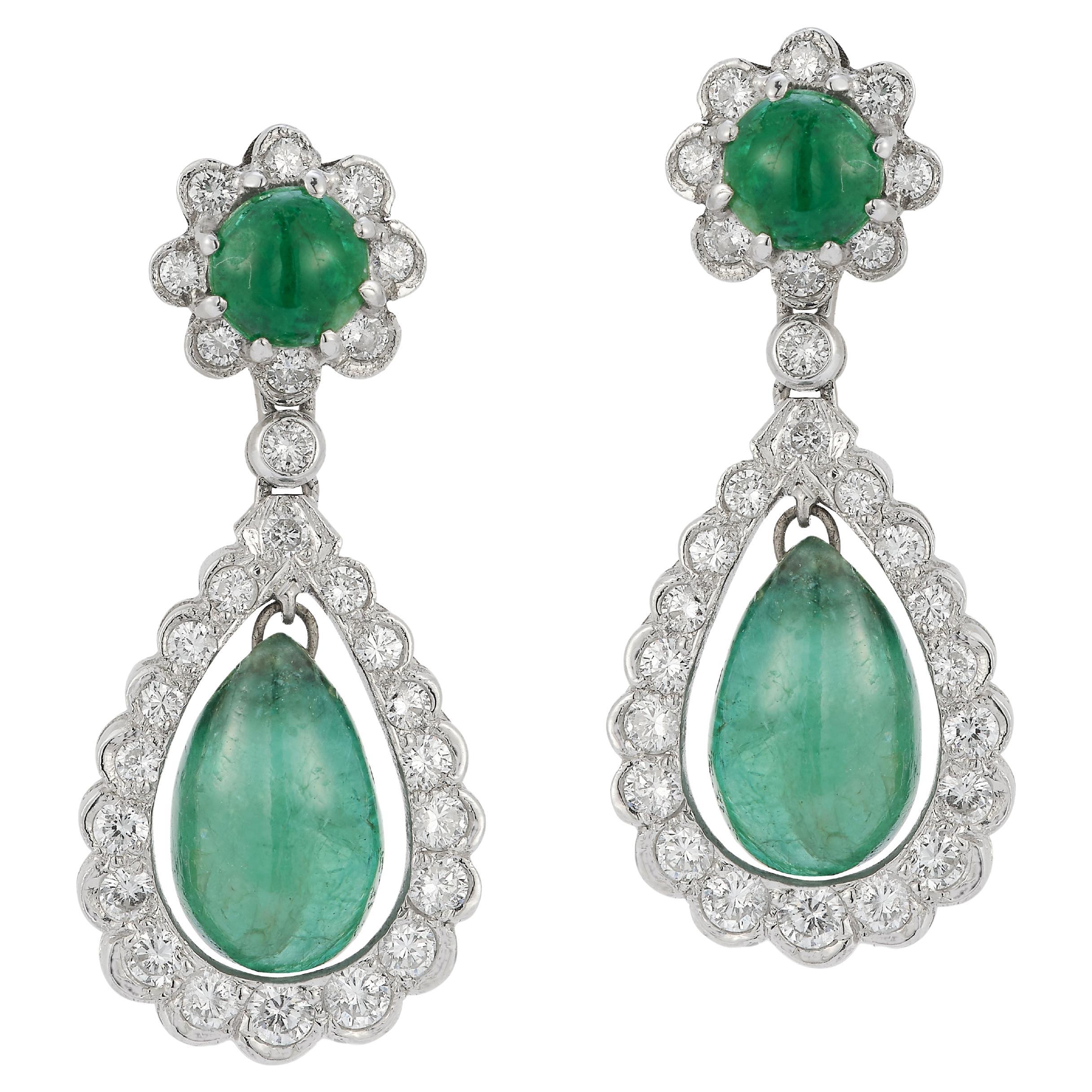 Cabochon Emerald and Diamond Earrings For Sale