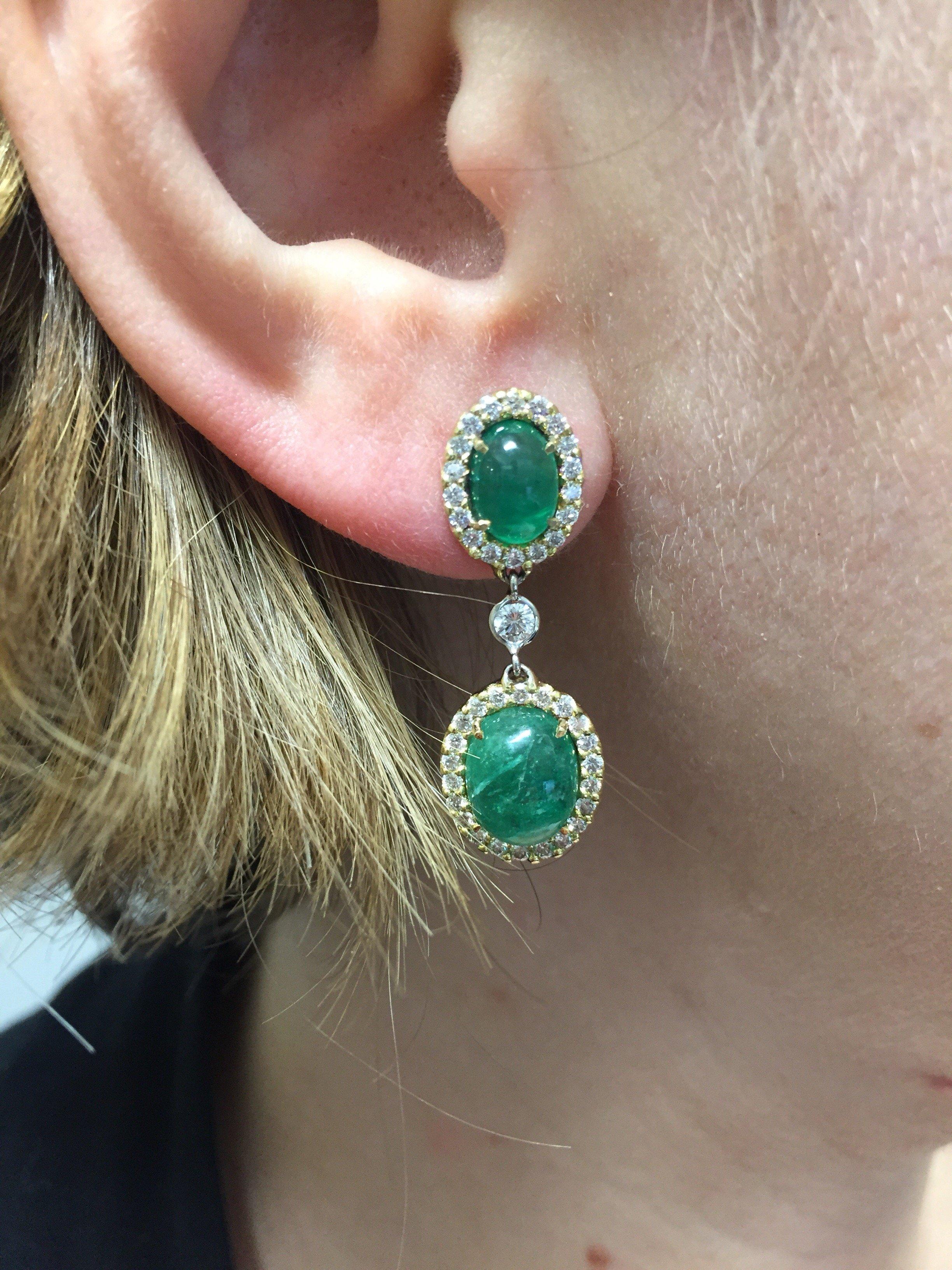 Oval Cut Cabochon Emerald and Diamond Earrings in 18 Karat Yellow Gold For Sale