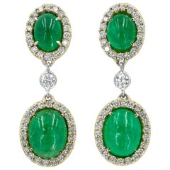 Cabochon Emerald and Diamond Earrings in 18 Karat Yellow Gold