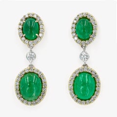 Cabochon Emerald and Diamond Earrings in 18 Karat Yellow Gold
