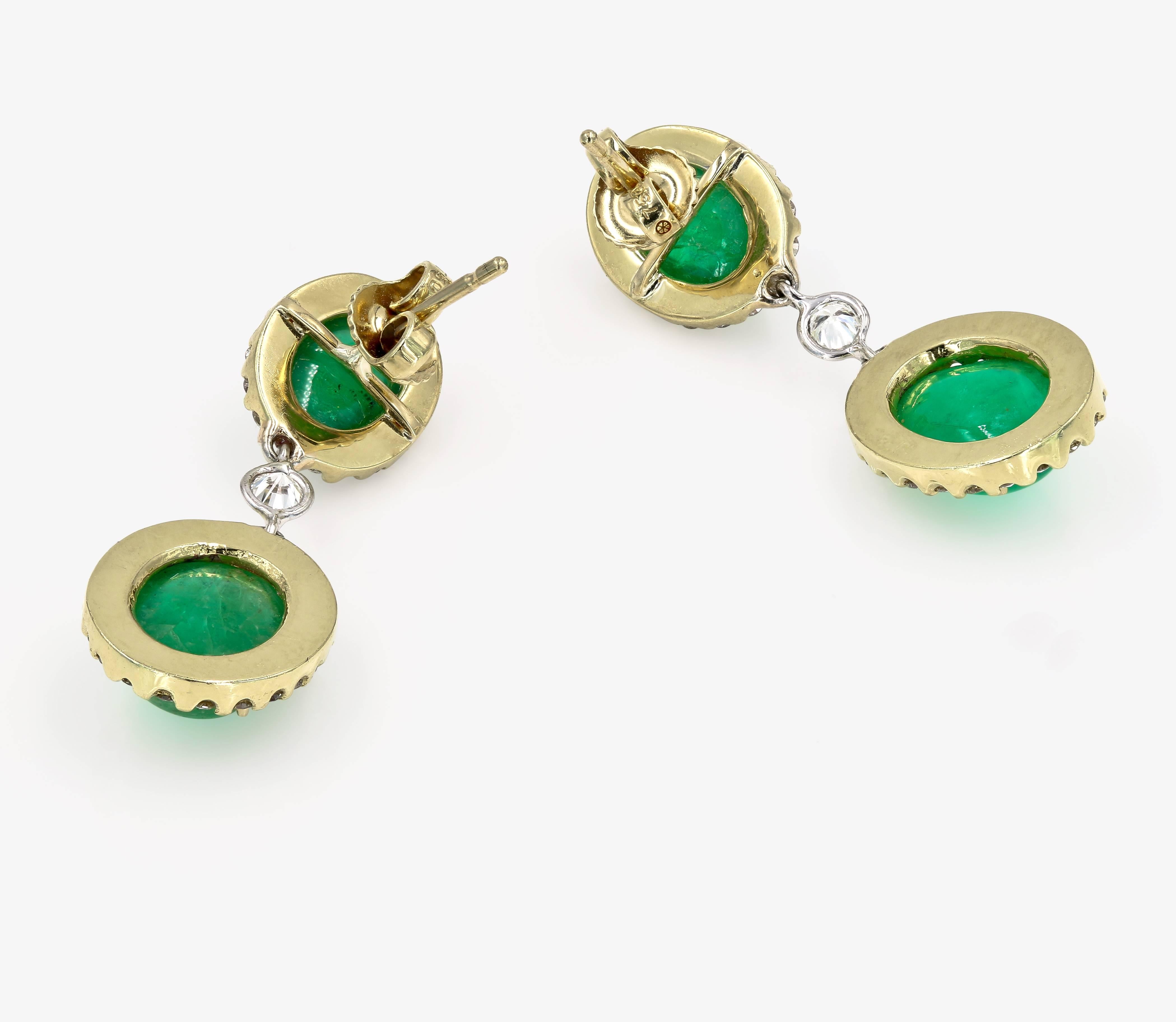 Contemporary Cabochon Emerald and Diamond Earrings in 18 Karat Yellow Gold For Sale