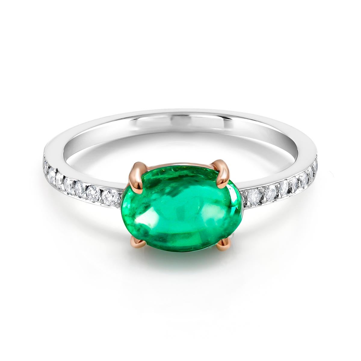 14 karat white gold cabochon emerald and diamond ring
Cabochon emerald weighing 1.90 carat 
Diamond weighing 0.20      
Emerald measuring 9x7 millimeter
One of a kind ring                                                                
Ring size 6