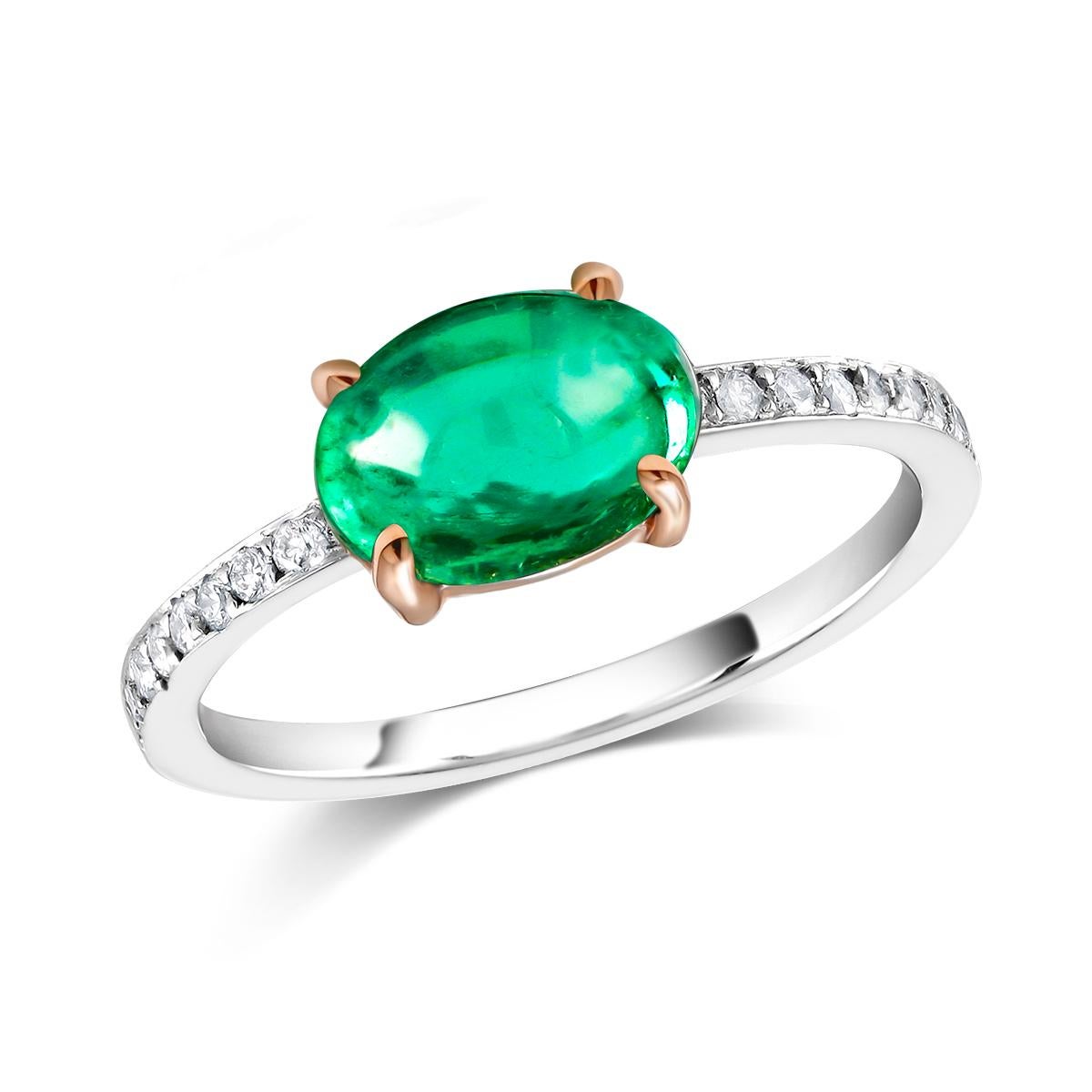 Oval Cut OGI Cabochon Emerald and Diamond Gold Cocktail Ring