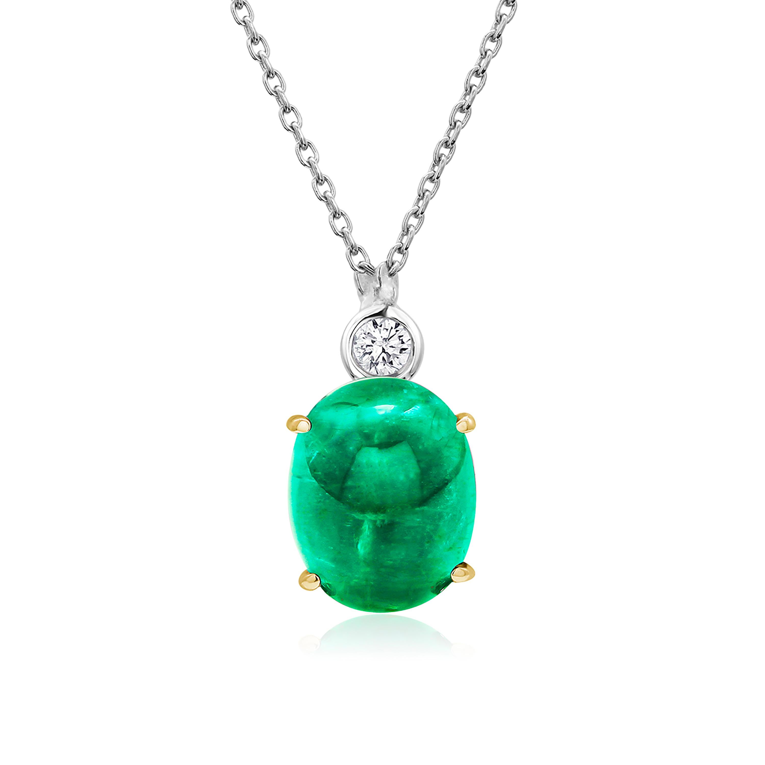 Oval Cut Fine Cabochon Emerald and Diamond Gold Drop Layered Necklace Pendant