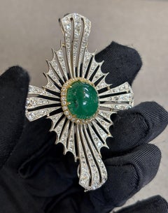 Cabochon Emerald and Diamond Maltese Cross Brooch