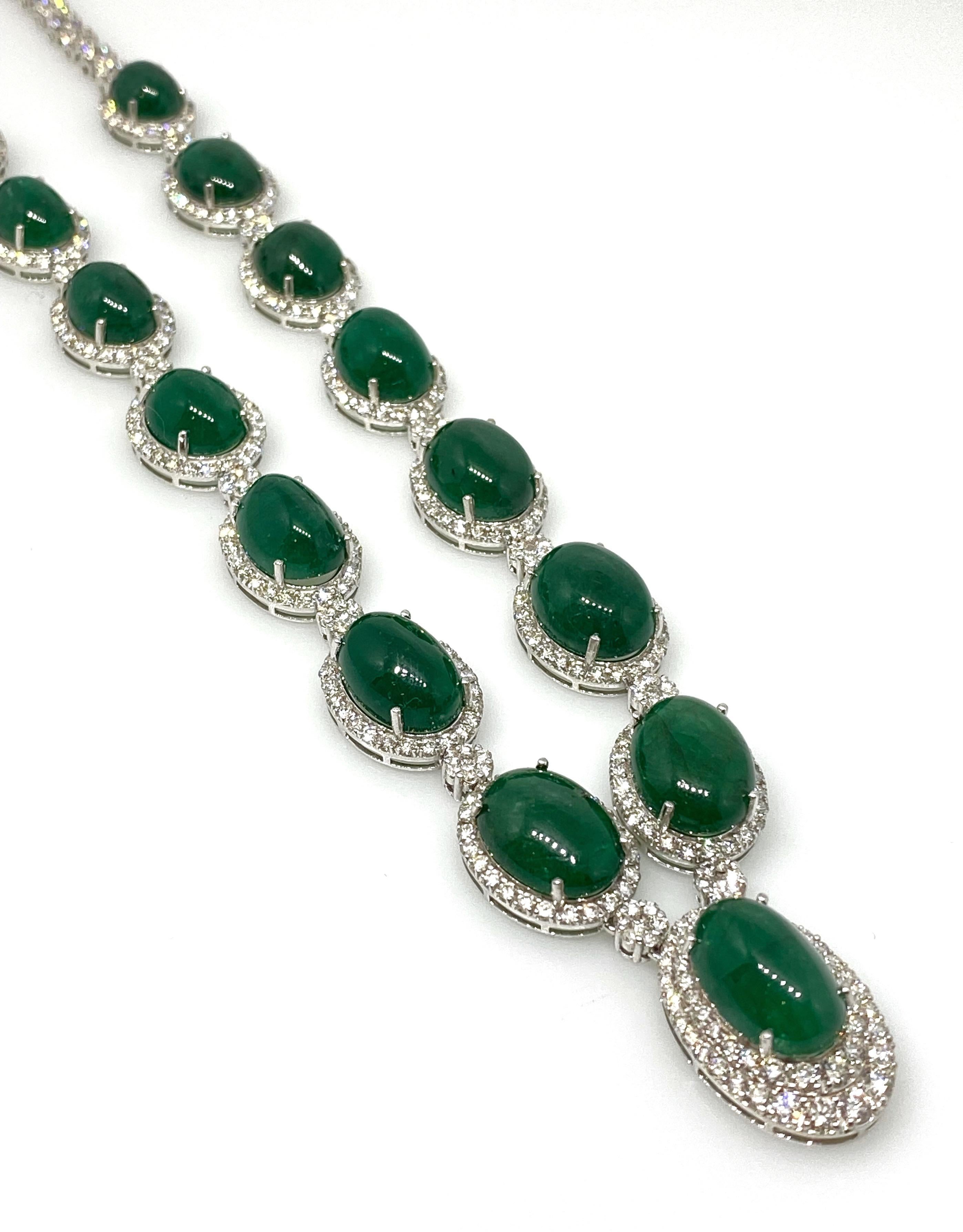 Cabochon Emerald and Diamond Necklace 100.00cttw in 18k White Gold In Excellent Condition For Sale In La Jolla, CA