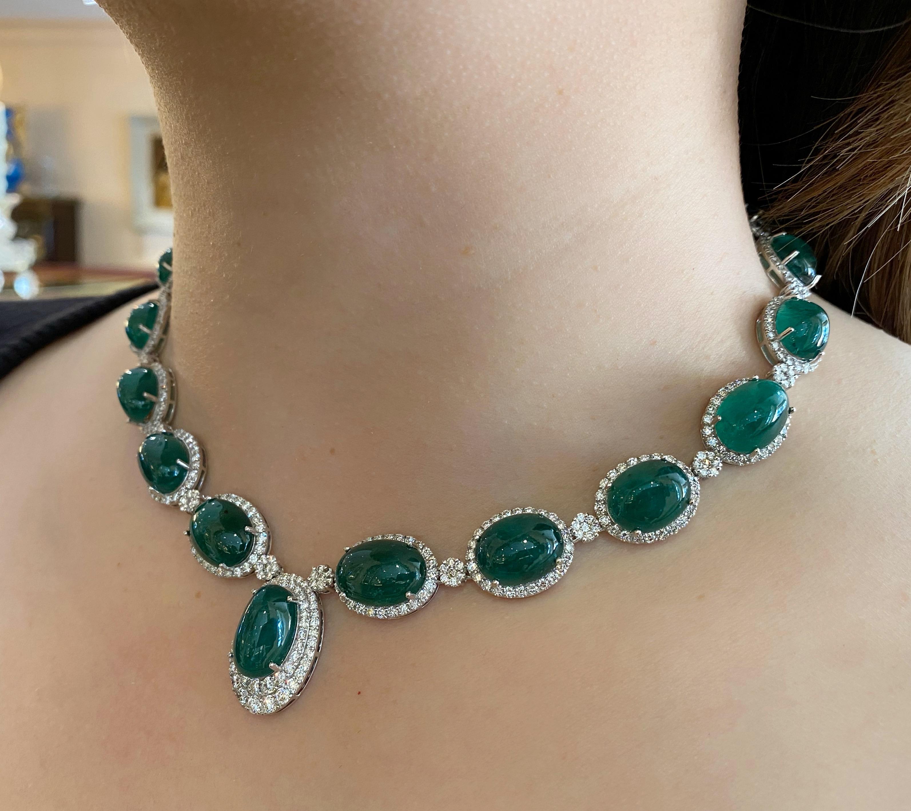 Women's Cabochon Emerald and Diamond Necklace 100.00cttw in 18k White Gold For Sale