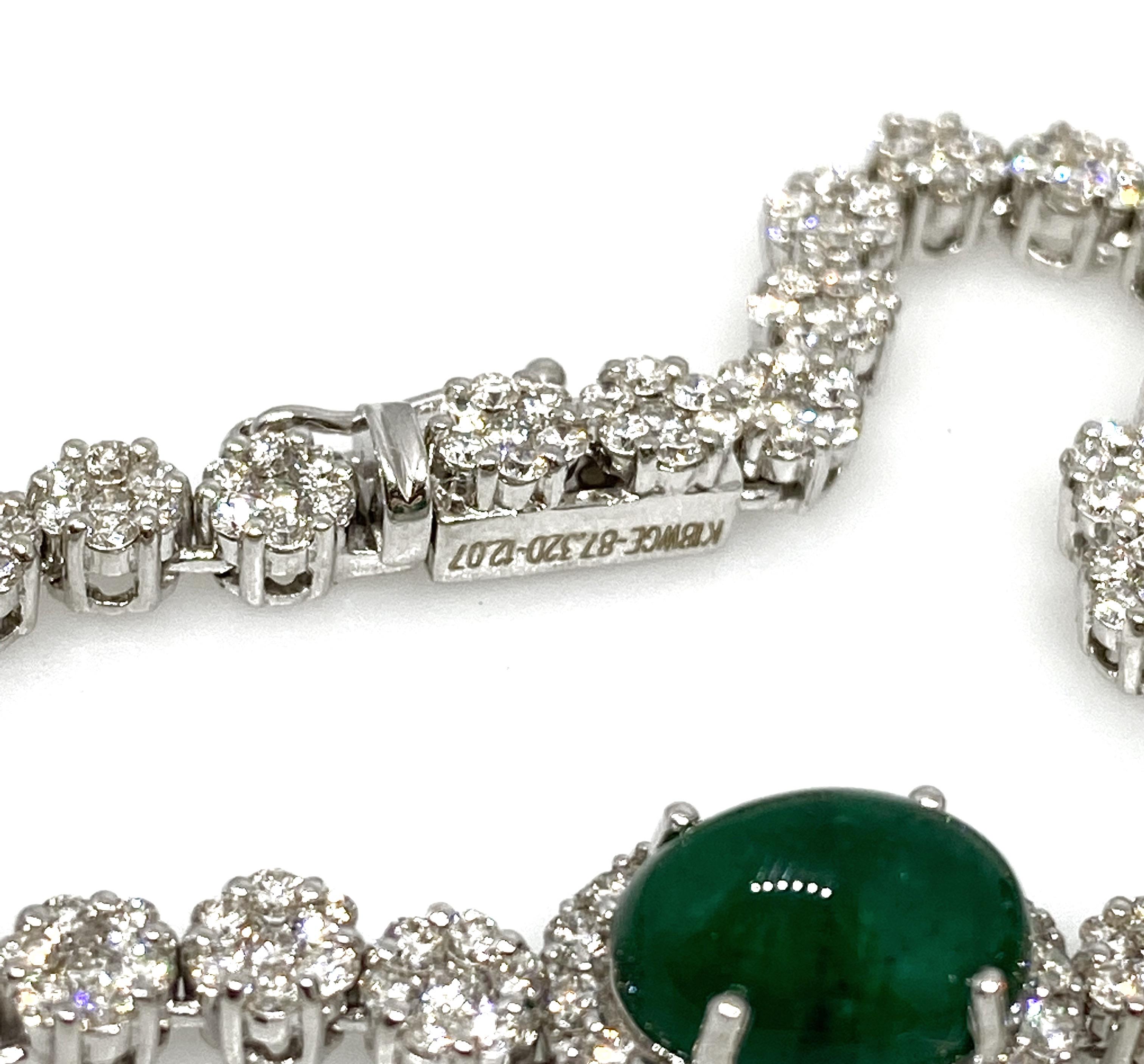 Women's Cabochon Emerald and Diamond Necklace in 18k White Gold For Sale