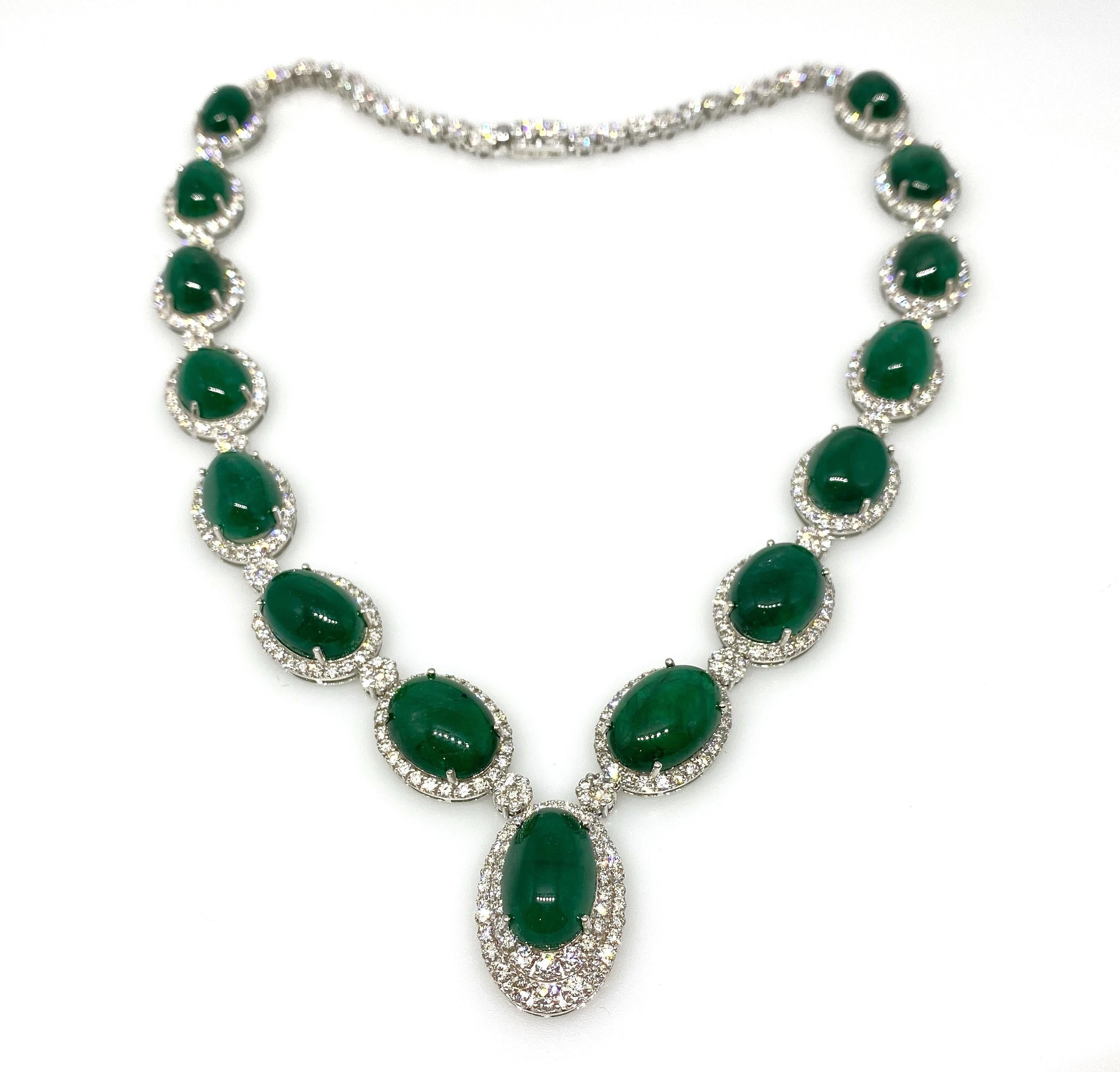 Cabochon Emerald and Diamond Necklace 100.00cttw in 18k White Gold For Sale 2