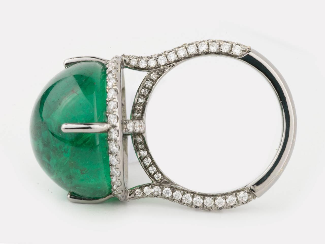 Brilliant Cut Cabochon Emerald and Diamond Ring For Sale