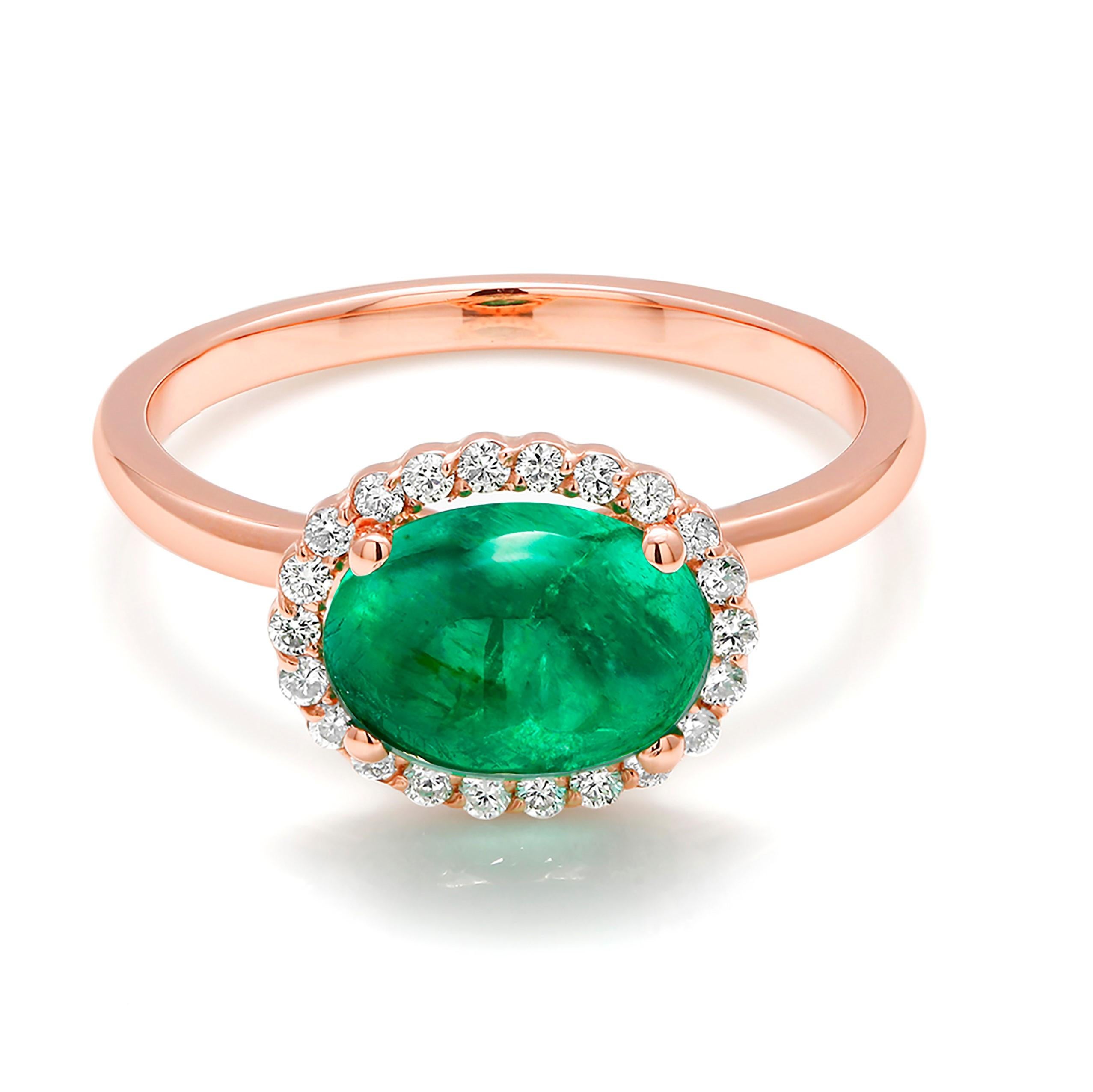Fourteen karats rose gold cluster  ring 
Oval shape cabochon emerald weighing 2.00 carats
Surrounded by pave set diamonds weighing 0.24 carat
Ring size 7 In Stock
Emerald hue tone color is deep emerald green
New Ring
The ring can be slightly resized