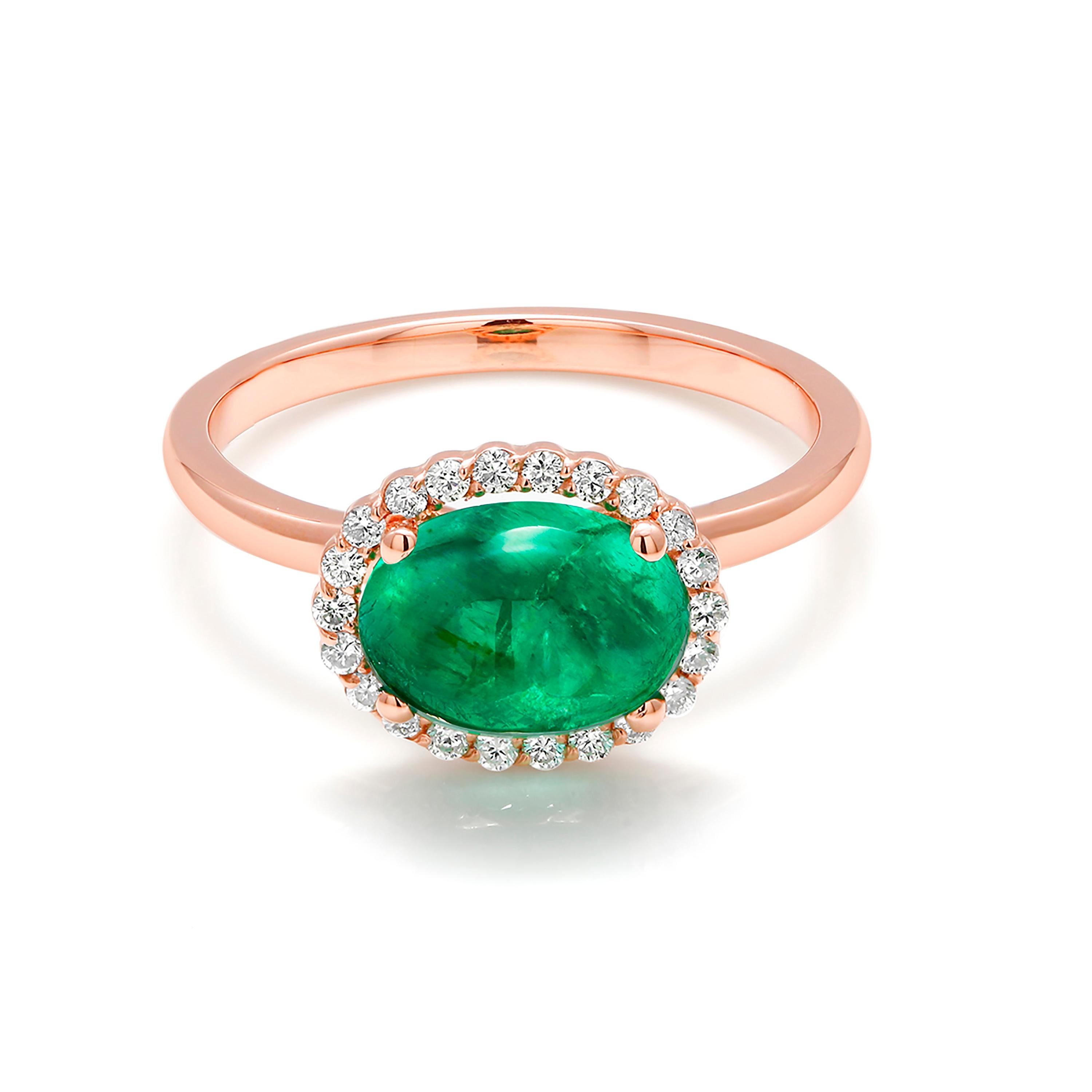 Oval Cut Cabochon Emerald and Diamond Rose Gold Cocktail Cluster Ring