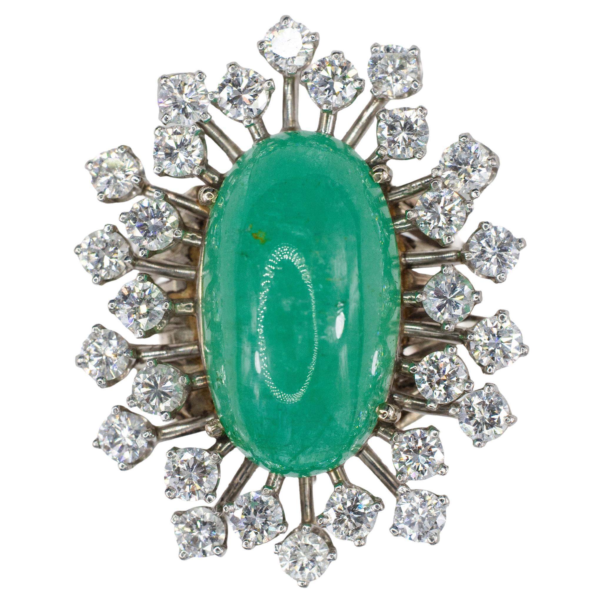 Cabochon Emerald and Diamond Sunburst Ballerina Ring For Sale