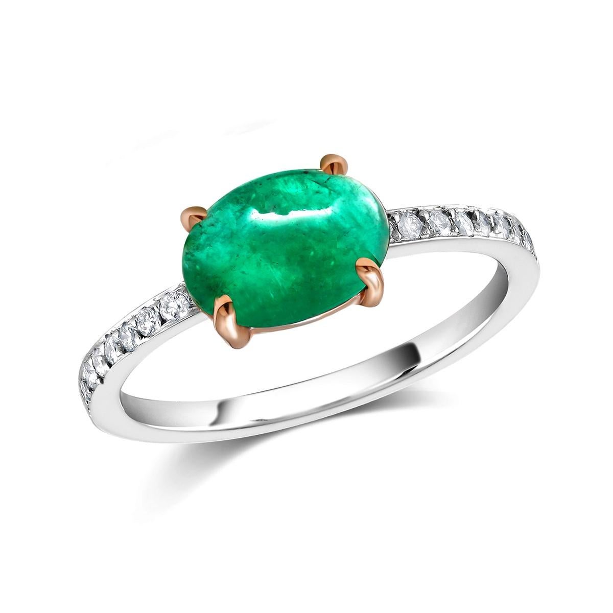 14 karats white and yellow gold cabochon emerald and diamond ring
Cabochon emerald weighing 1.85 carat 
Diamond weighing 0.23      
Emerald measuring 9x7 millimeter
One of a kind ring                                                               
