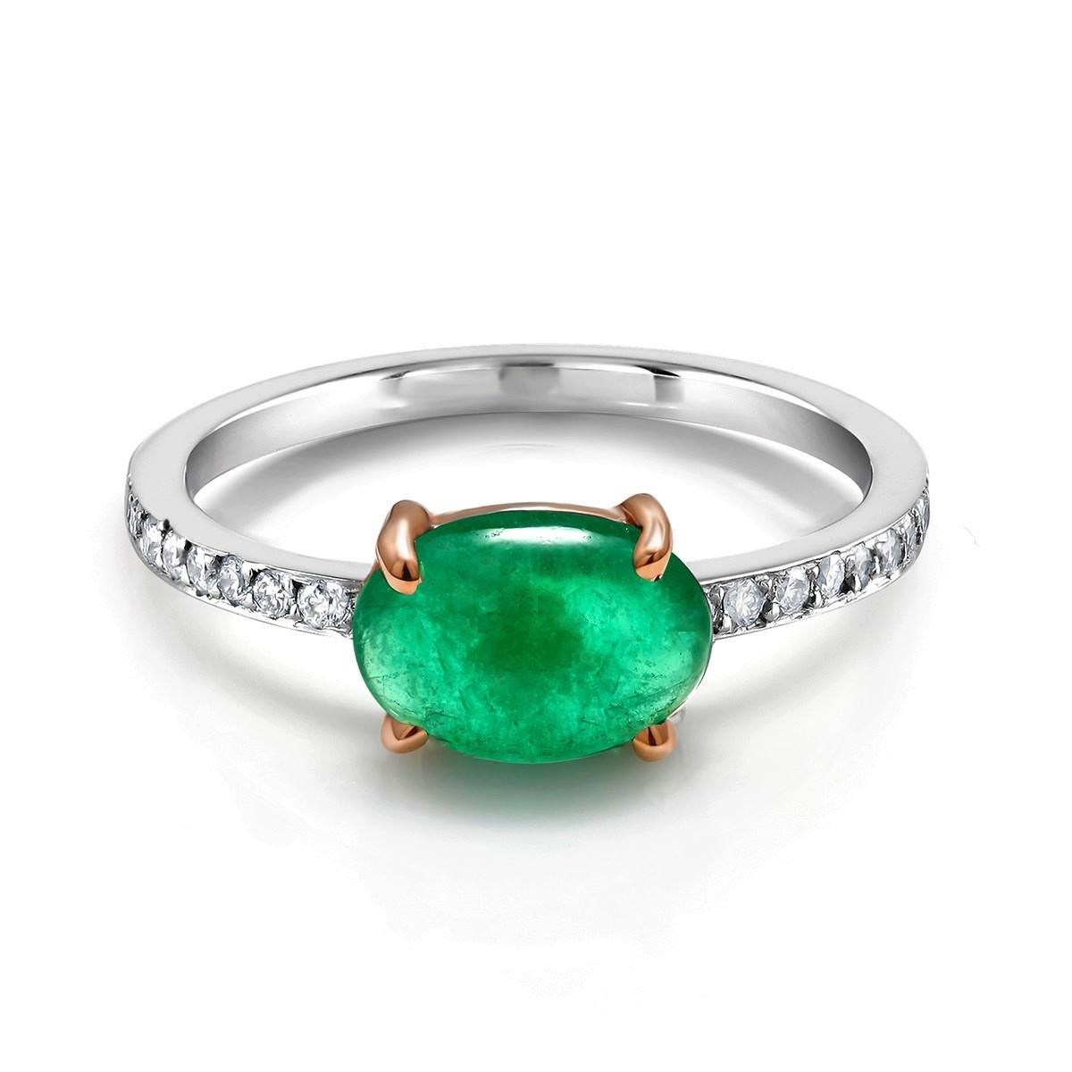 Contemporary Cabochon Emerald and Diamond White Gold Cocktail Cluster Ring
