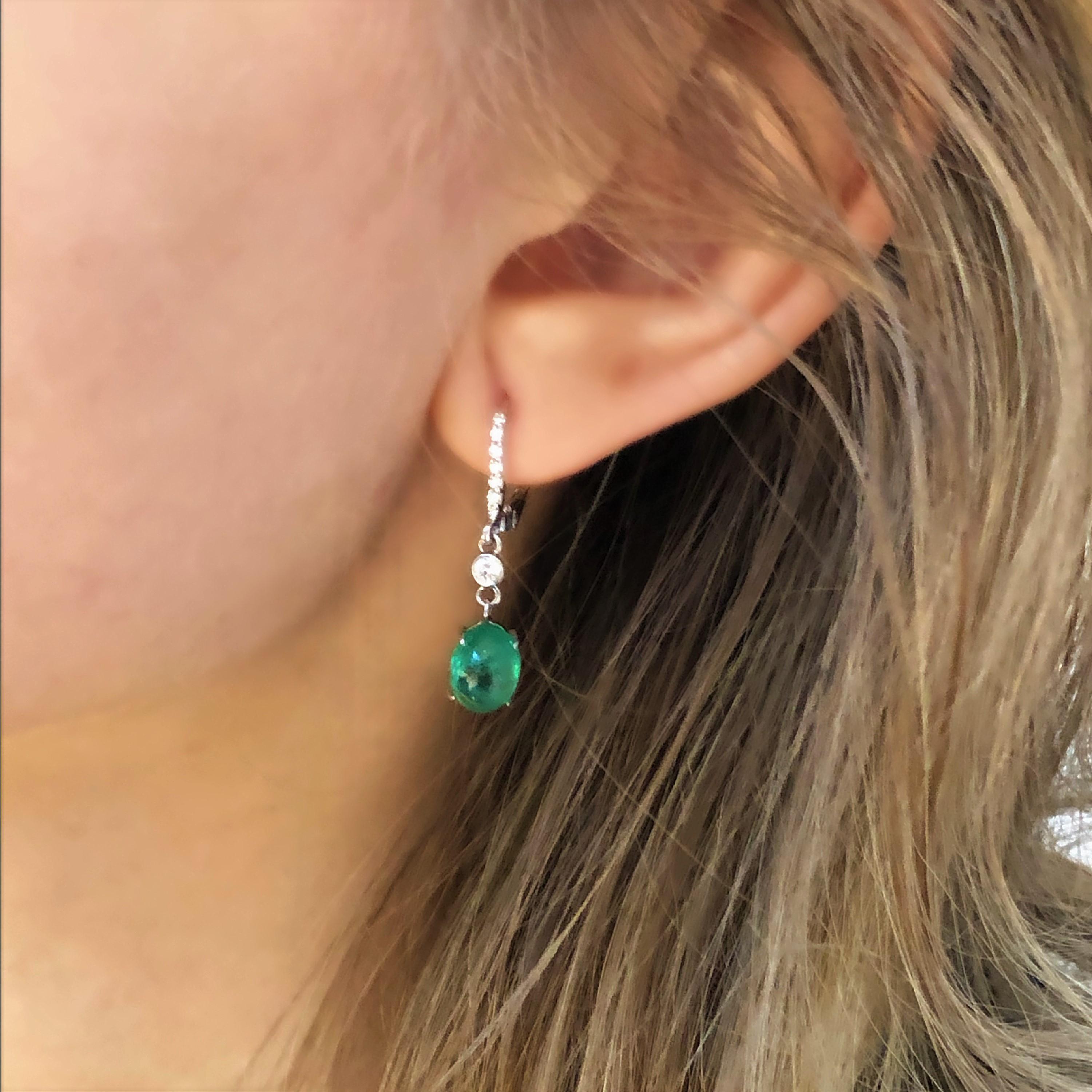 Oval Cut Diamond and Cabochon Emerald White Gold Hoop Earrings Weighing 5.08 Carat