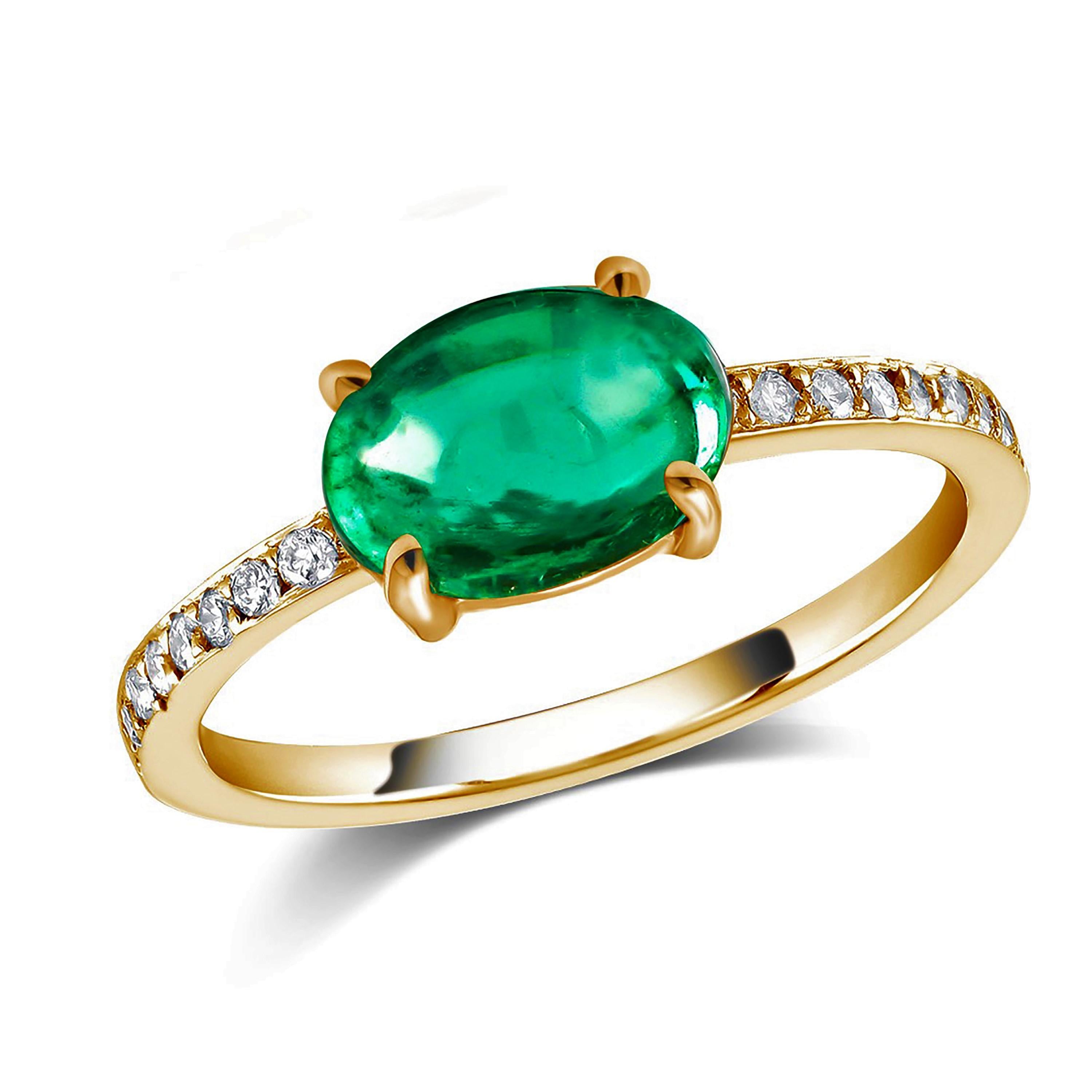 Fourteen karats delicate yellow gold cabochon emerald and diamond ring
Cabochon emerald weighing 1.89 carat 
Diamond weighing 0.25     
Emerald measuring 9x7 millimeter
Emerald hue tone color dark forest green
Shank measuring 1.75mm width 
One of a