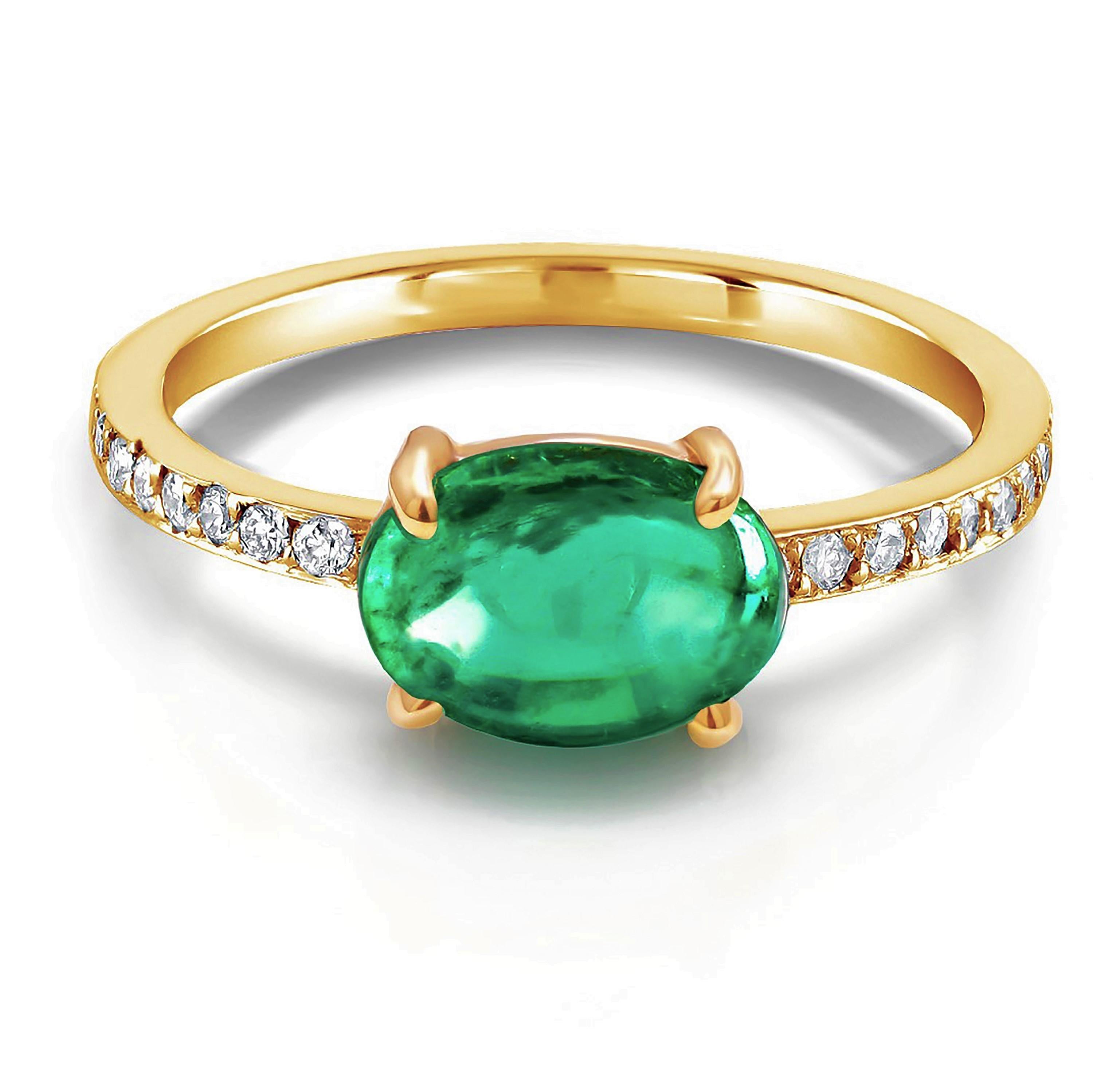Oval Cut Cabochon Emerald and Diamond Yellow Gold Cocktail Ring Weighing 2.14 Carat