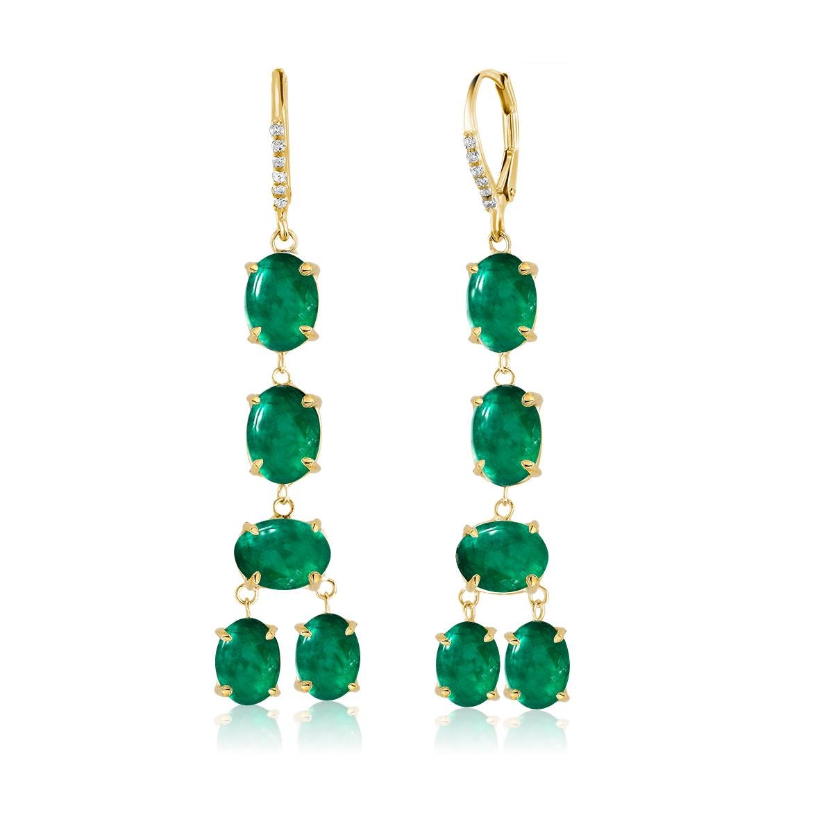 Oval Cut Cabochon Emerald and Diamond Yellow Gold Drop Hoop Earrings