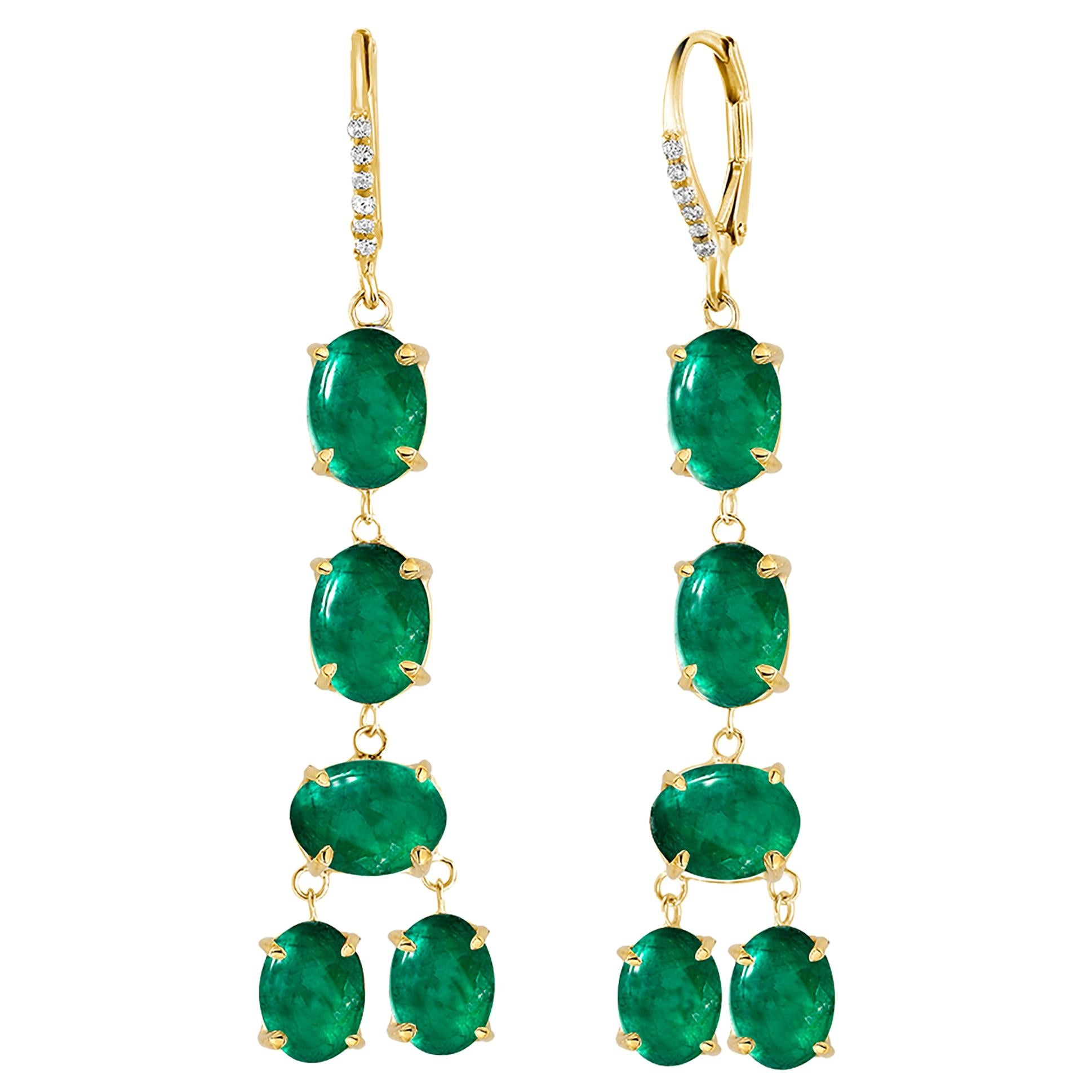 Cabochon Emerald and Diamond Yellow Gold Drop Hoop Earrings