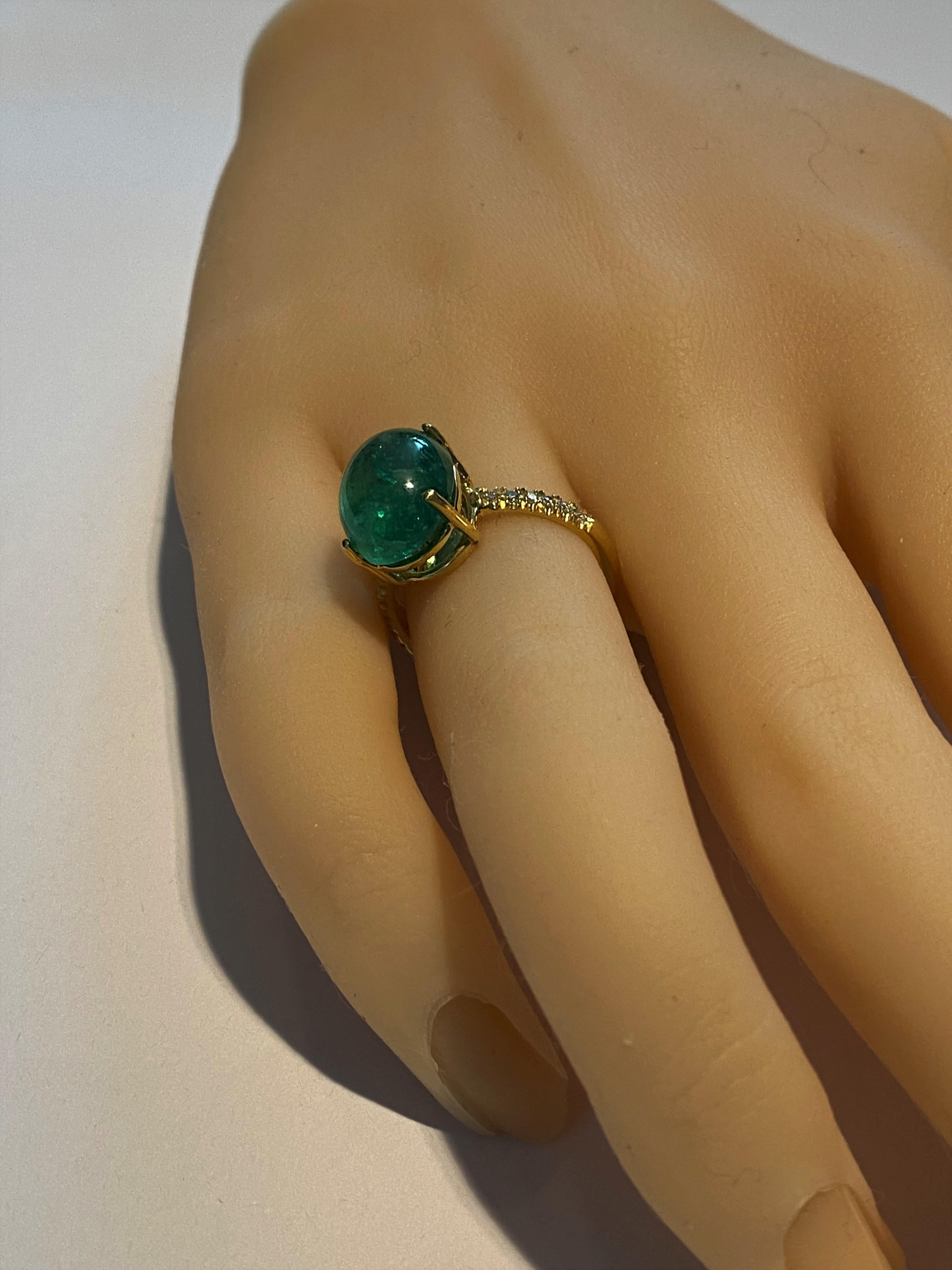 Oval Cut Cabochon Emerald and Diamonds Yellow Gold Cocktail Ring Weighing 7.05 Carat