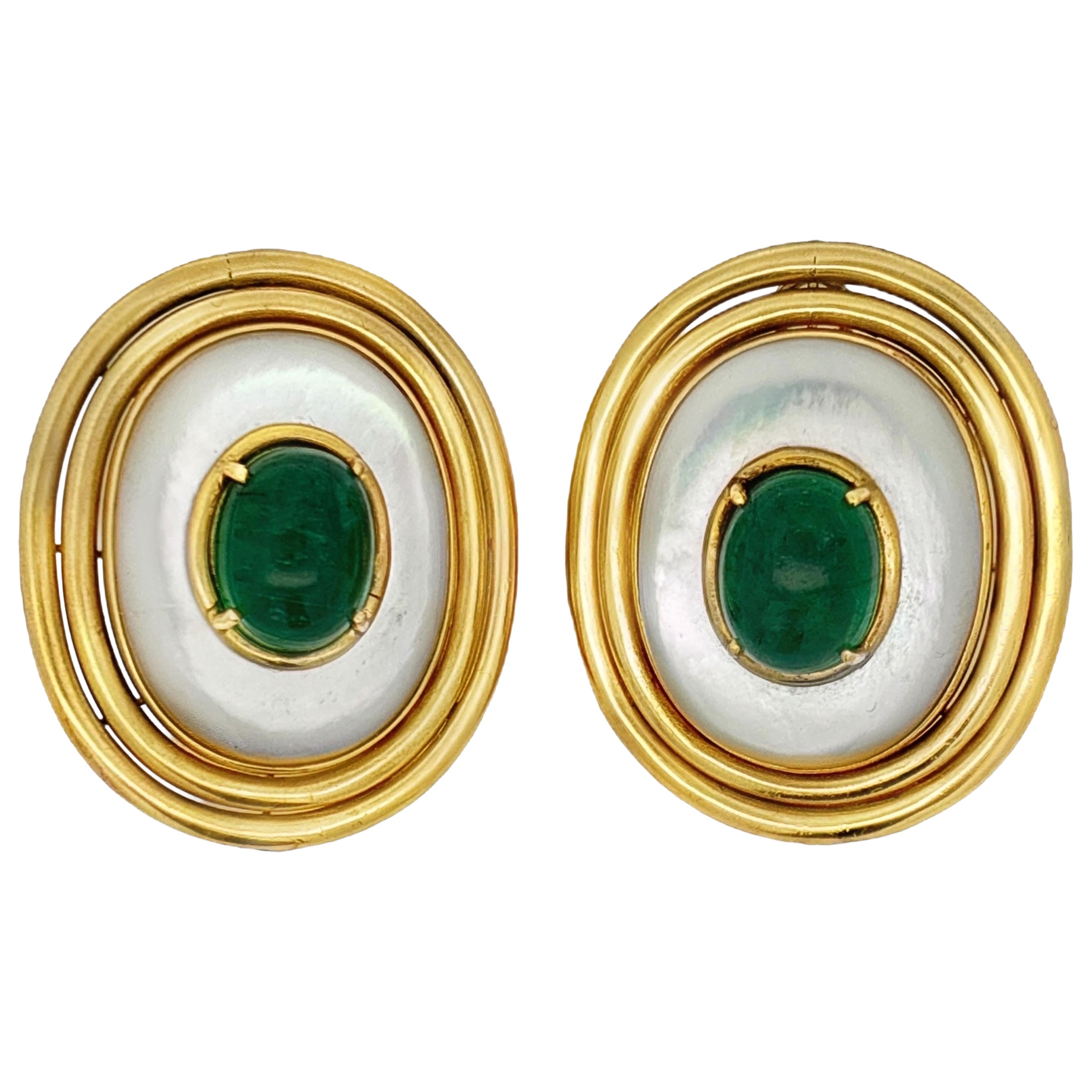 Cabochon Emerald and Mother of Pearl Earrings For Sale