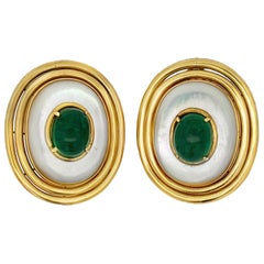 Cabochon Emerald and Mother of Pearl Earrings