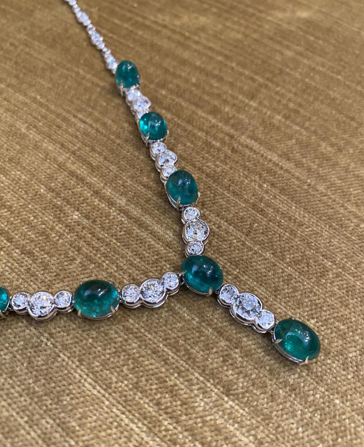 Cabochon Emerald and Old Cut Diamond Y-Drop Necklace in 18k White Gold In Excellent Condition For Sale In La Jolla, CA