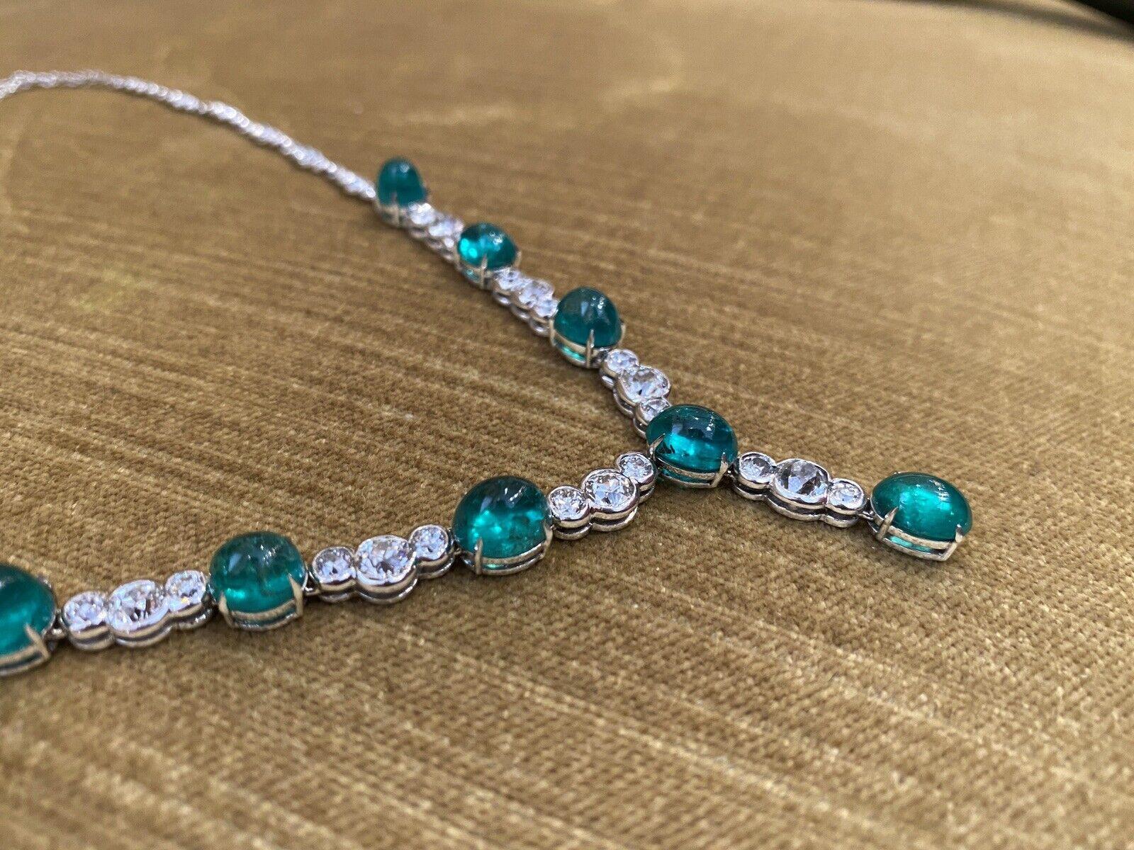Cabochon Emerald and Old Cut Diamond Y-Drop Necklace in 18k White Gold For Sale 1