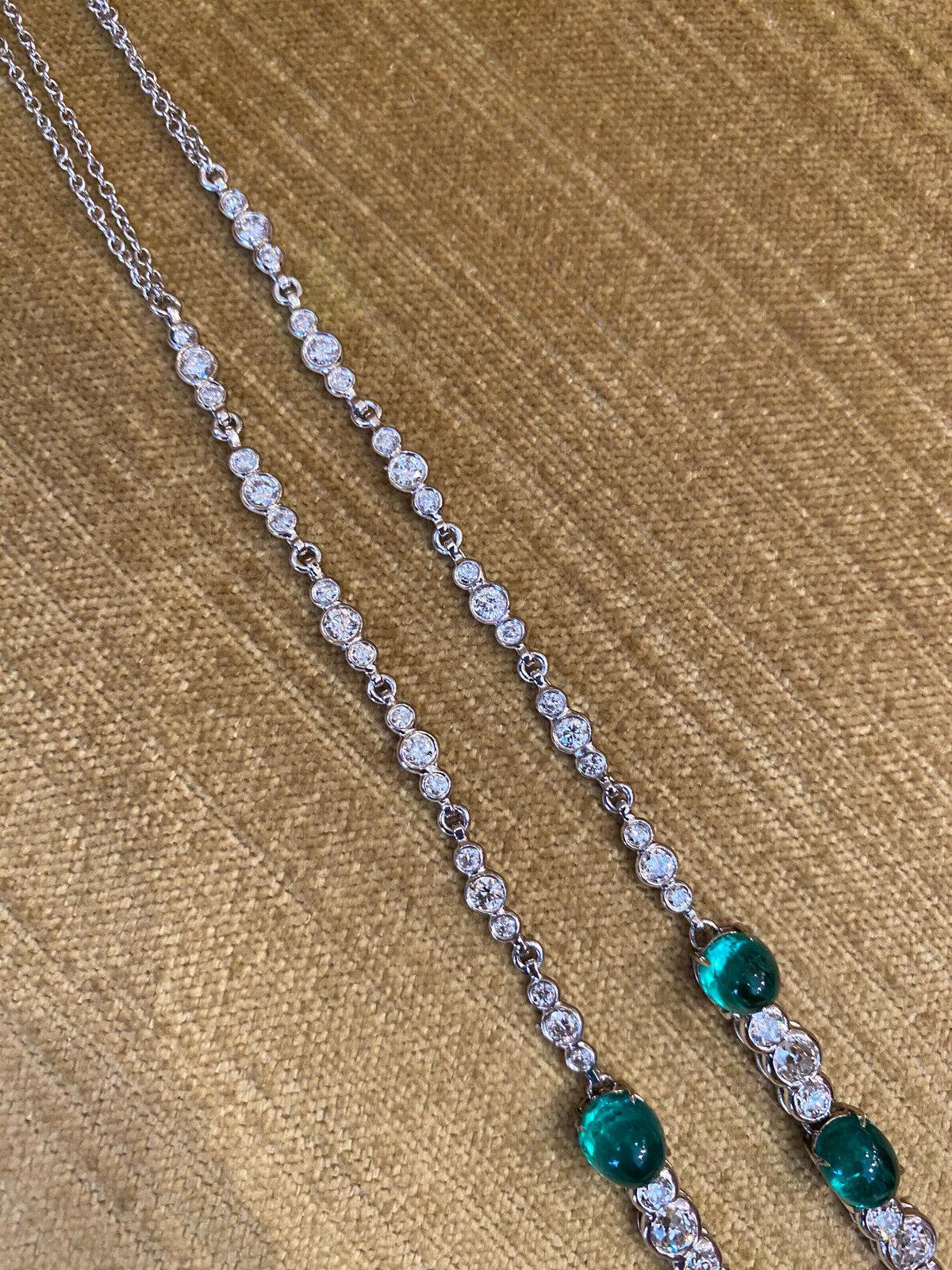 Y-Drop-Halskette aus 18 Karat Weißgold mit Cabochon-Smaragd und Diamant im Altschliff im Angebot 2
