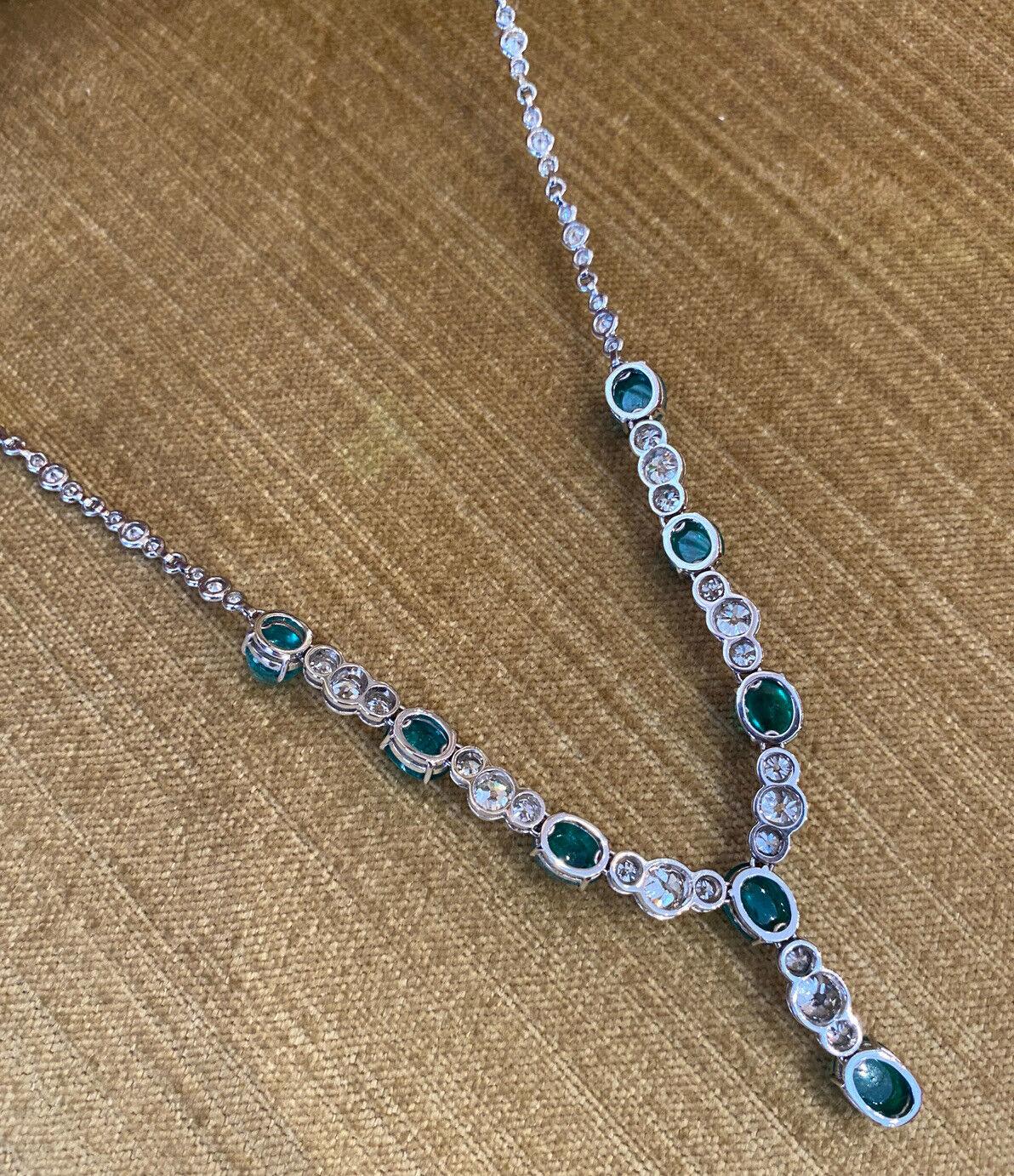 Cabochon Emerald and Old Cut Diamond Y-Drop Necklace in 18k White Gold For Sale 4