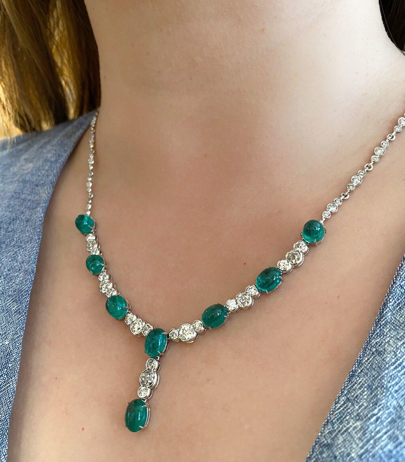 Cabochon Emerald and Old Cut Diamond Y-Drop Necklace in 18k White Gold For Sale 5